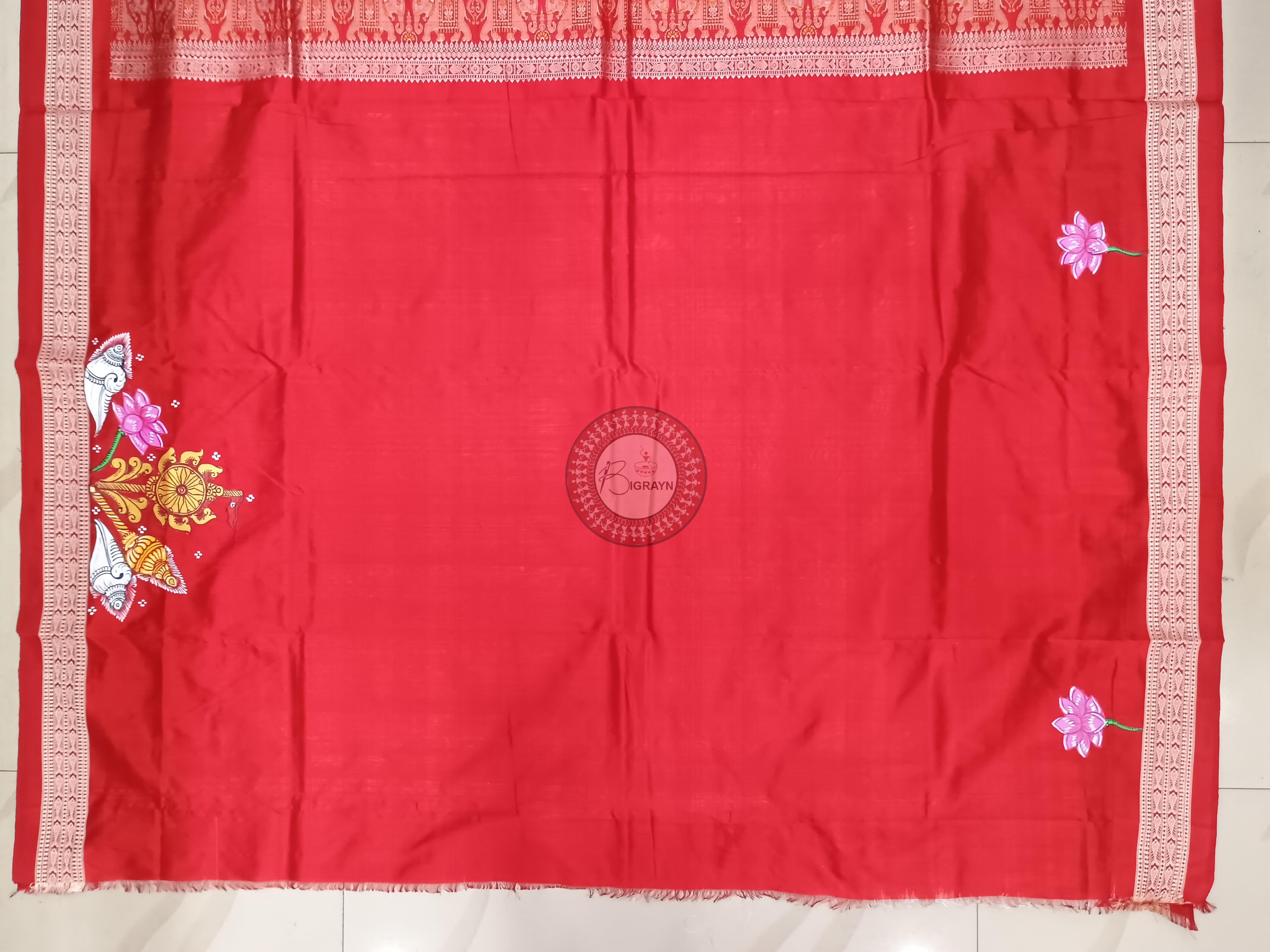 White Red Shoulder Jagannath Theme Pattachitra Sambalpuri Silk Saree