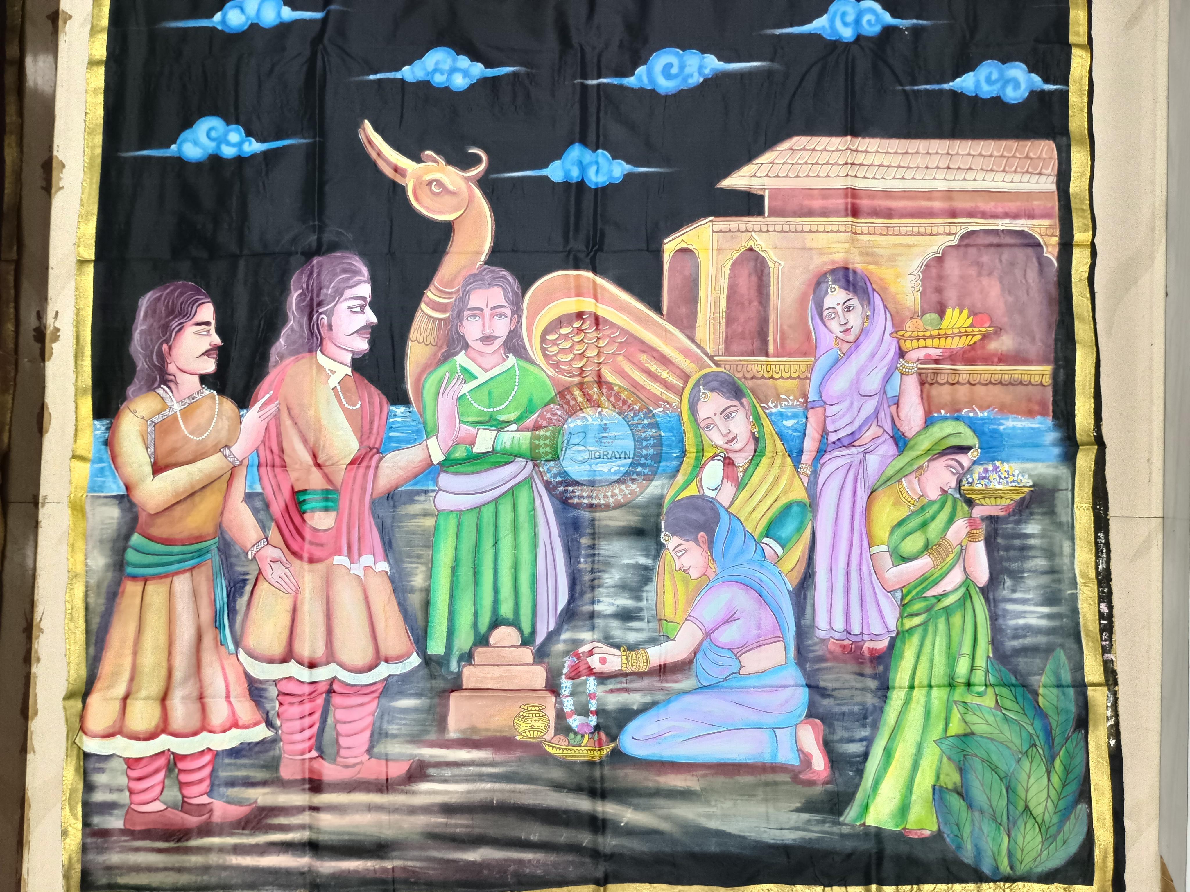 Black Kartika Purnima Theme Pattachitra Sambalpuri Silk Saree