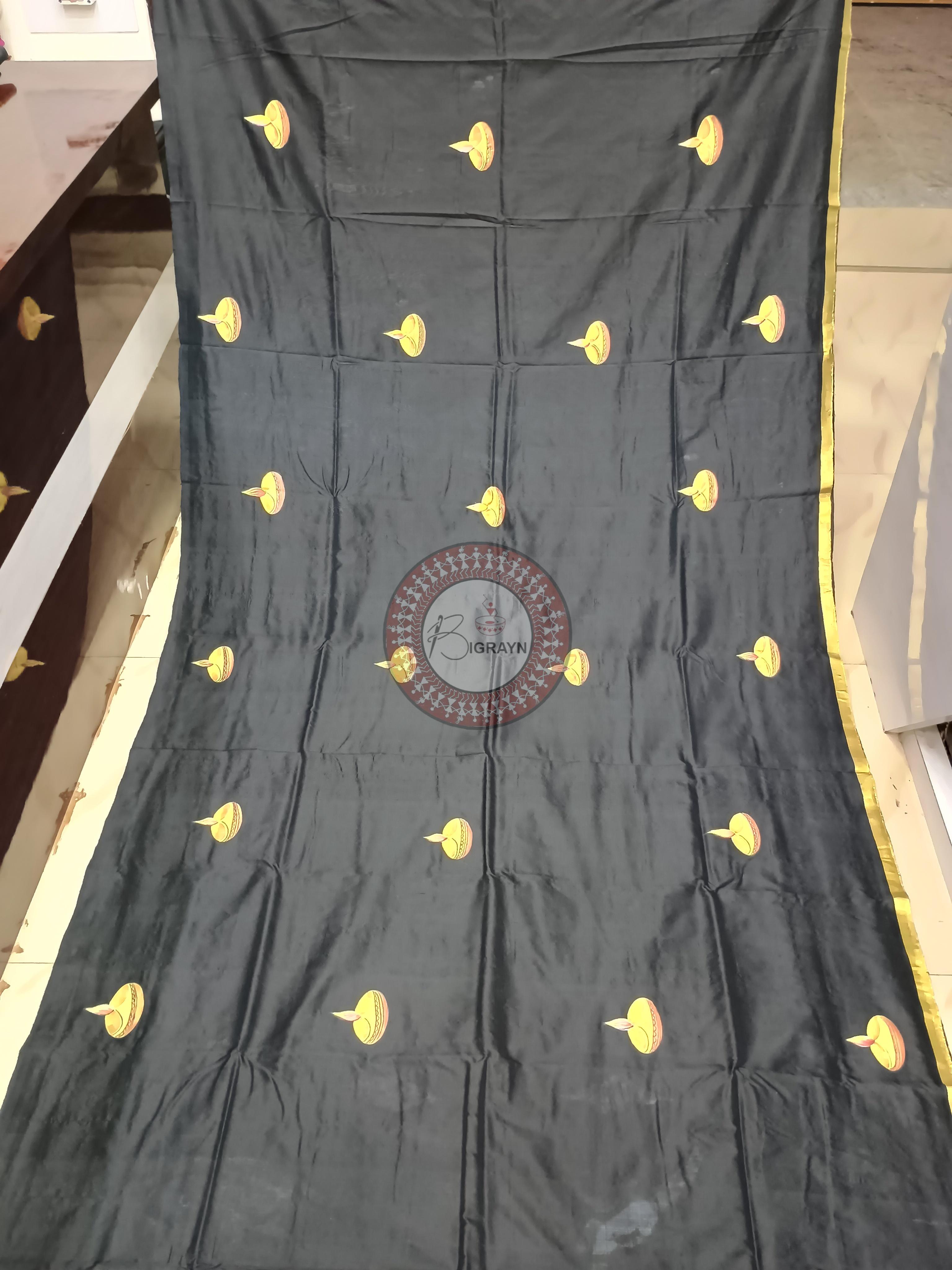 Black Kartika Purnima Theme Pattachitra Sambalpuri Silk Saree