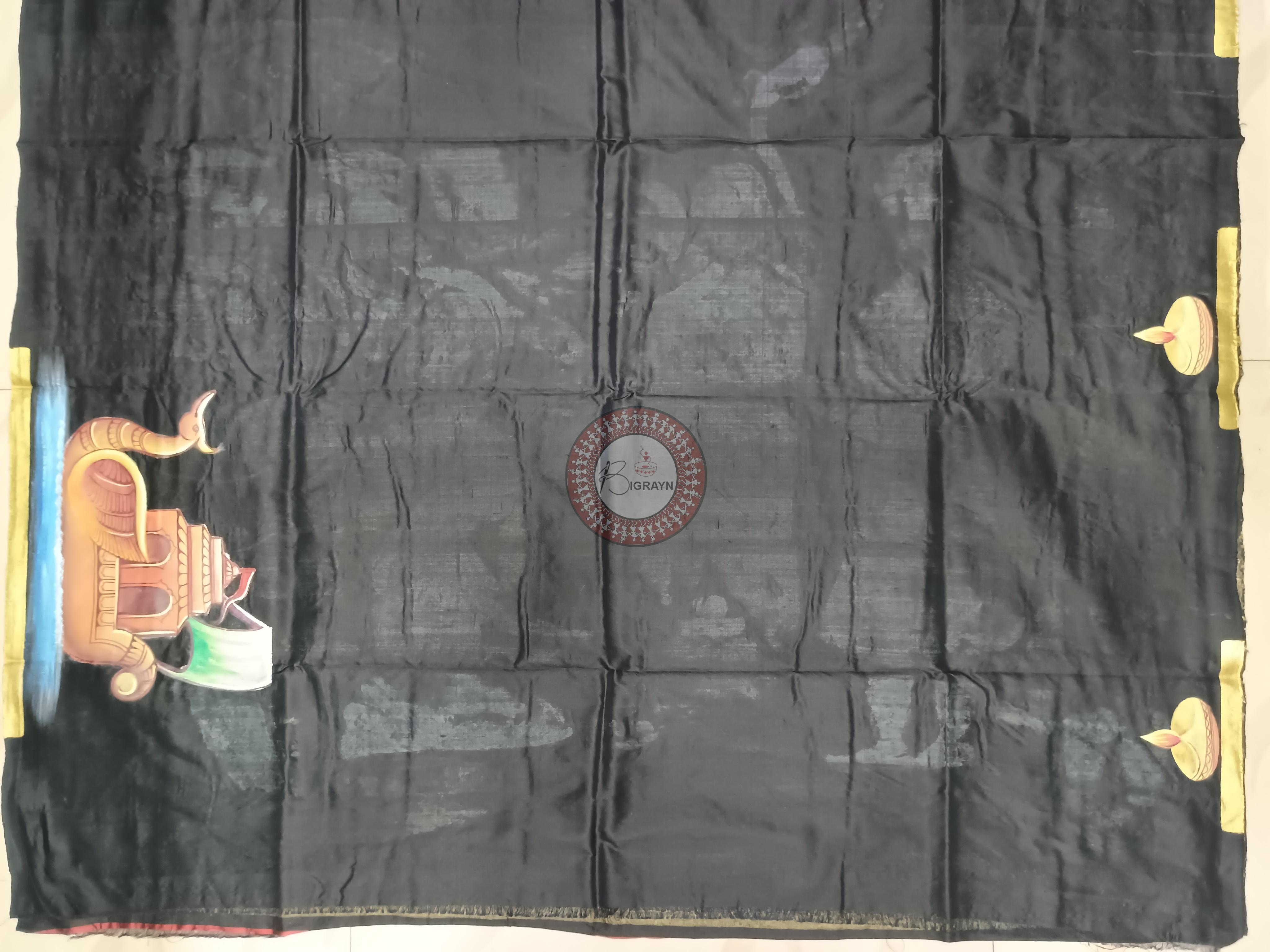 Black Kartika Purnima Theme Pattachitra Sambalpuri Silk Saree
