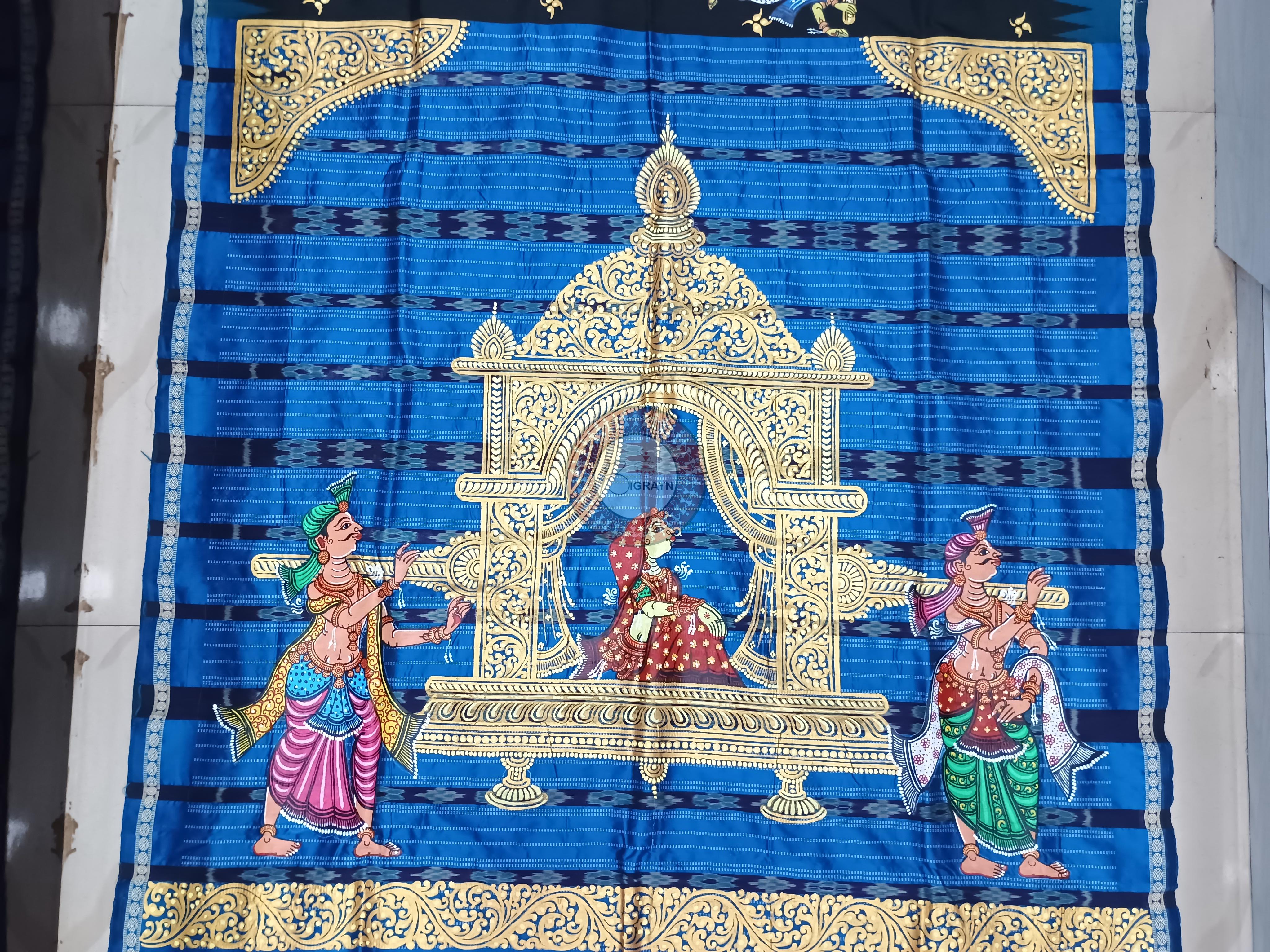 Black Teal Blue Marriage Theme Pattachitra Sambalpuri Silk Saree