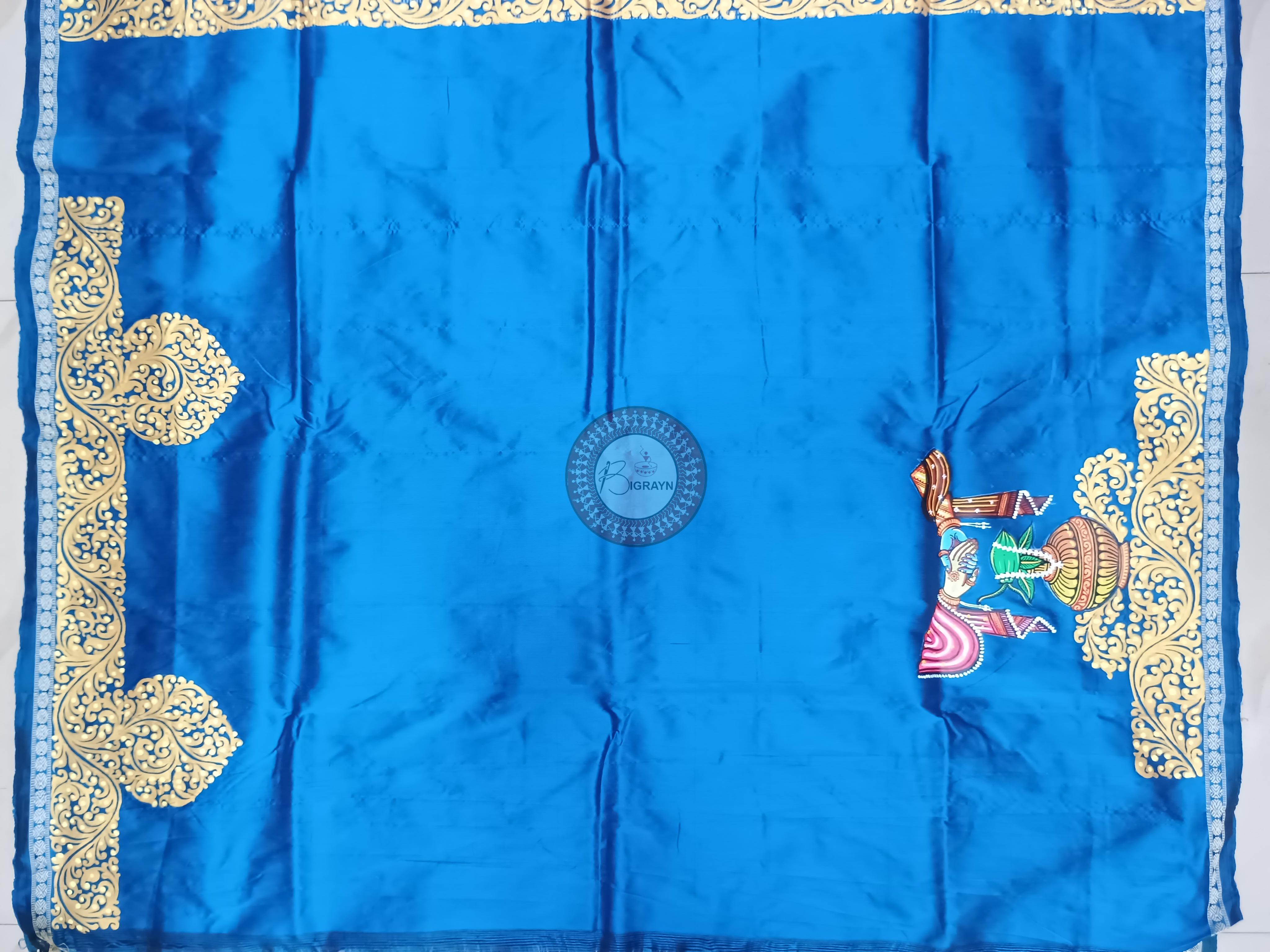 Black Teal Blue Marriage Theme Pattachitra Sambalpuri Silk Saree