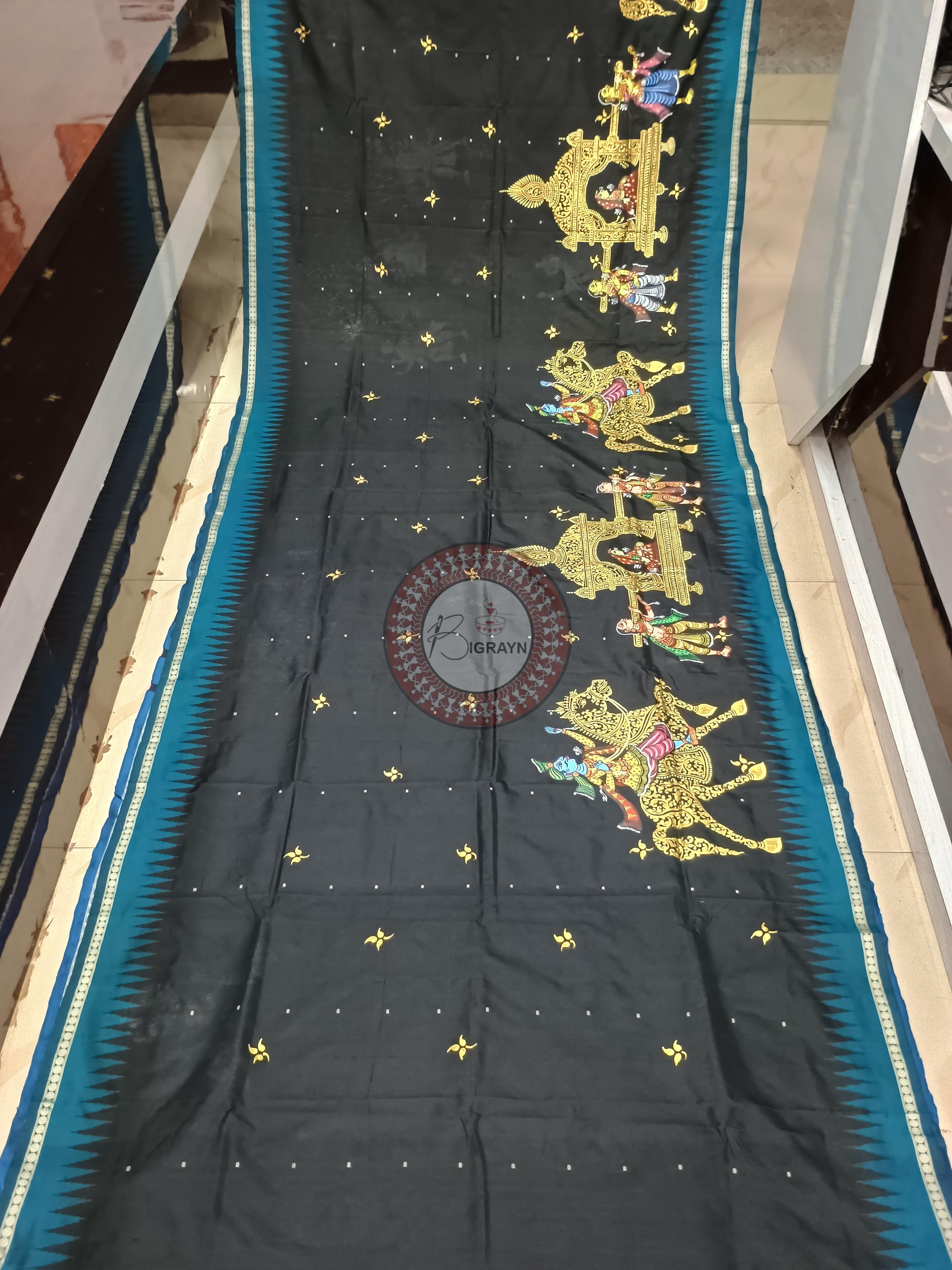 Black Teal Blue Marriage Theme Pattachitra Sambalpuri Silk Saree