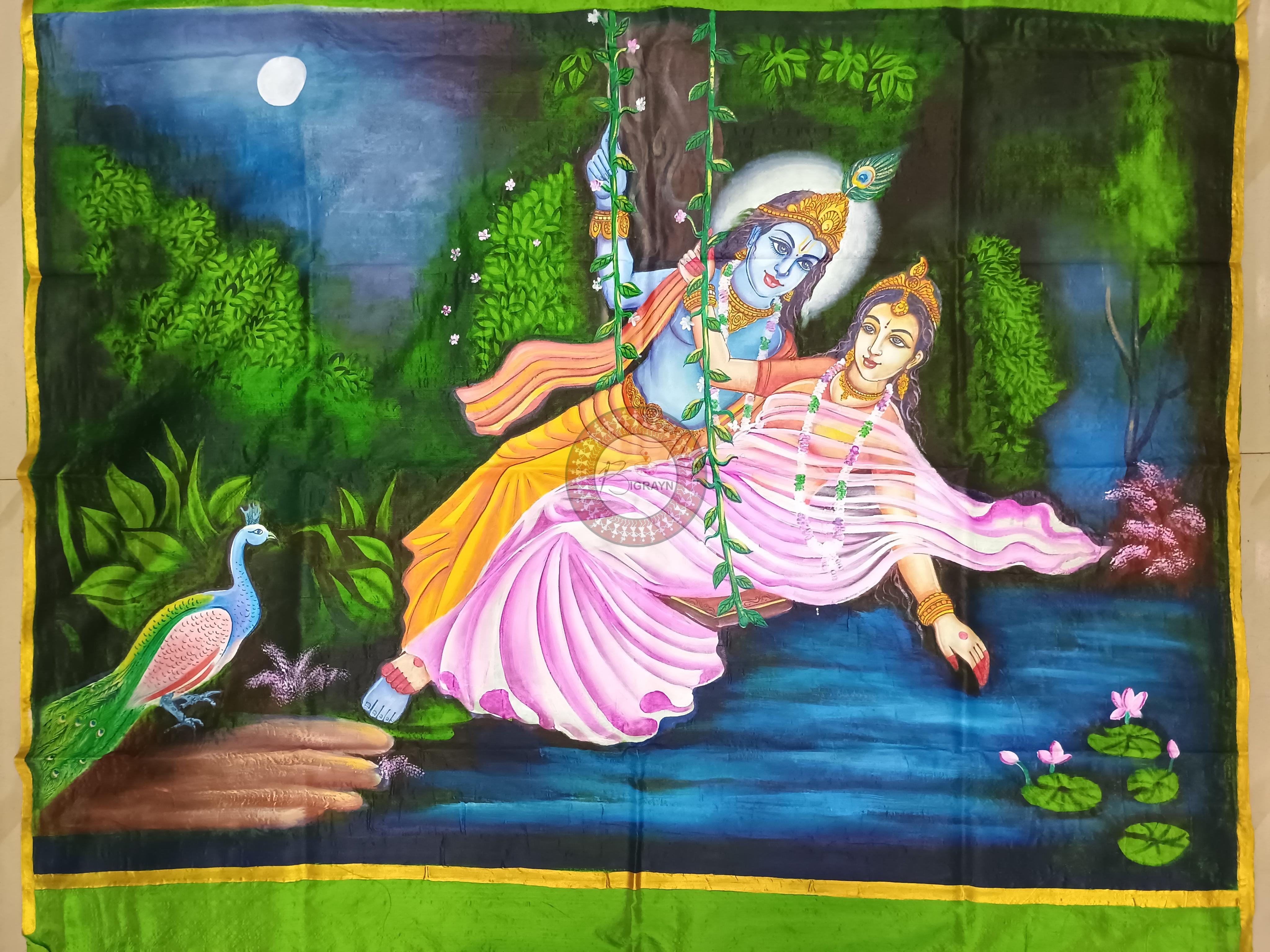 Parrot Green Radha Krishna Doli Theme Pattachitra Sambalpuri Silk Saree