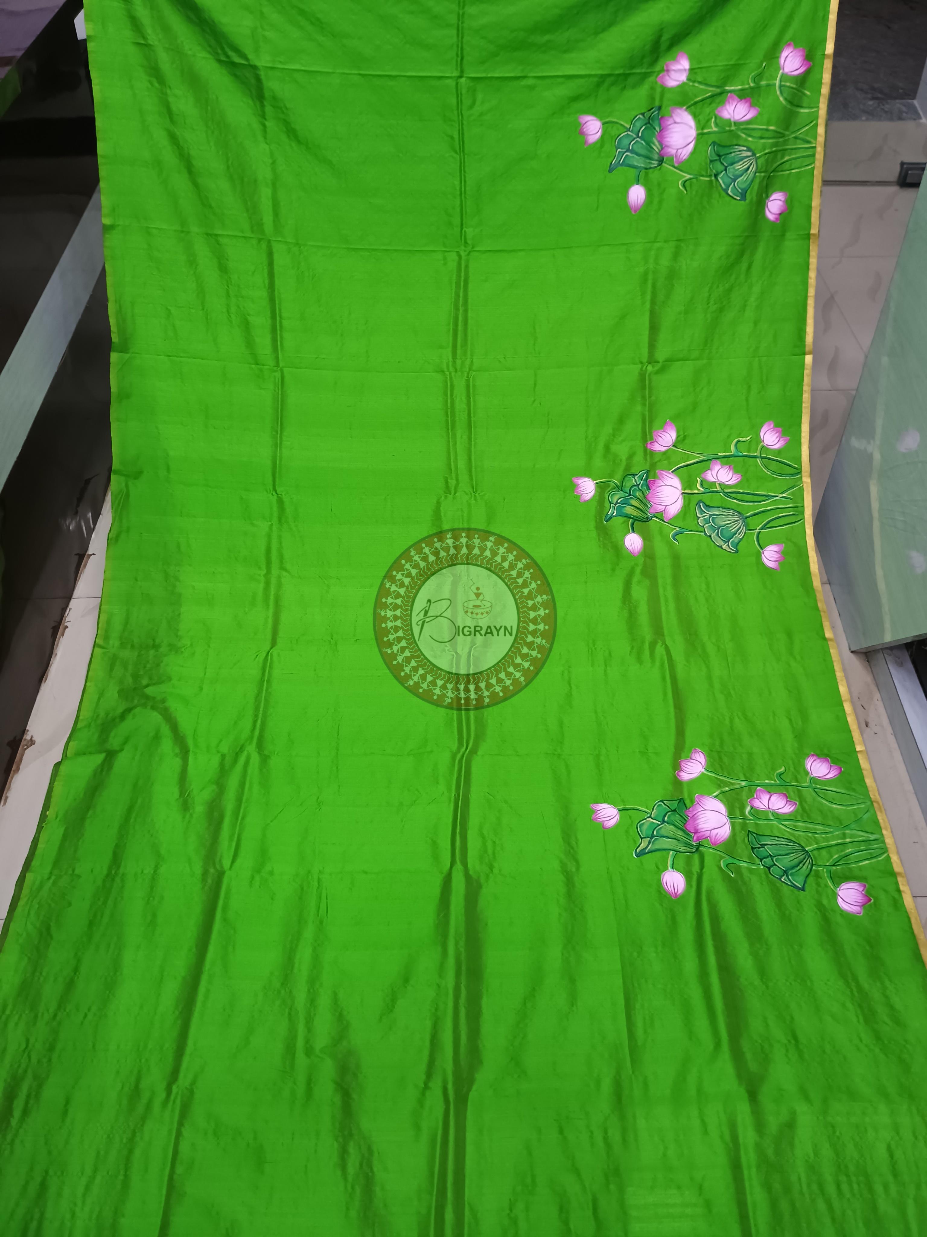 Parrot Green Radha Krishna Doli Theme Pattachitra Sambalpuri Silk Saree