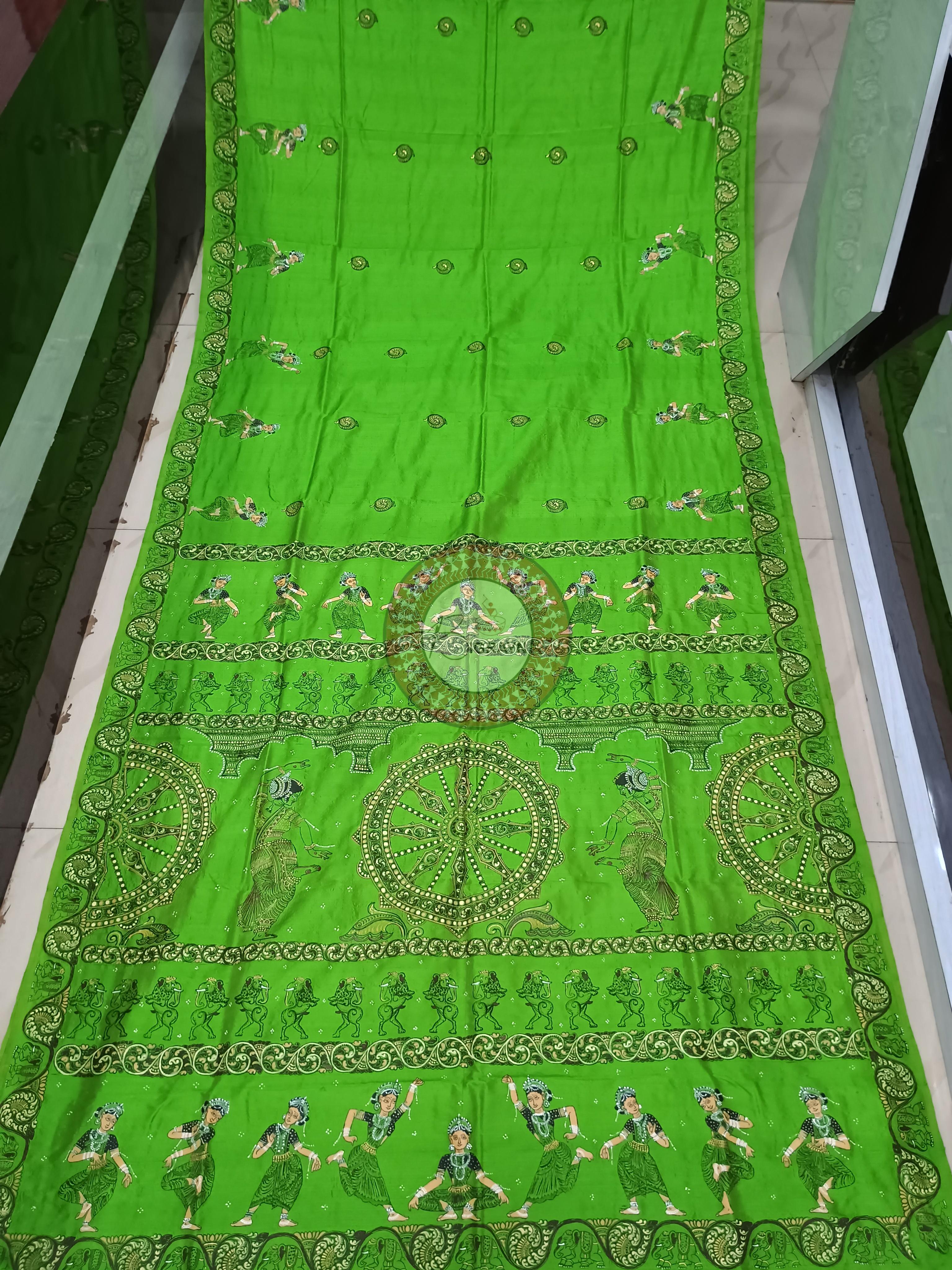 Parrot Green Konark Chakra And Dancer Theme Pattachitra Sambalpuri Silk Saree