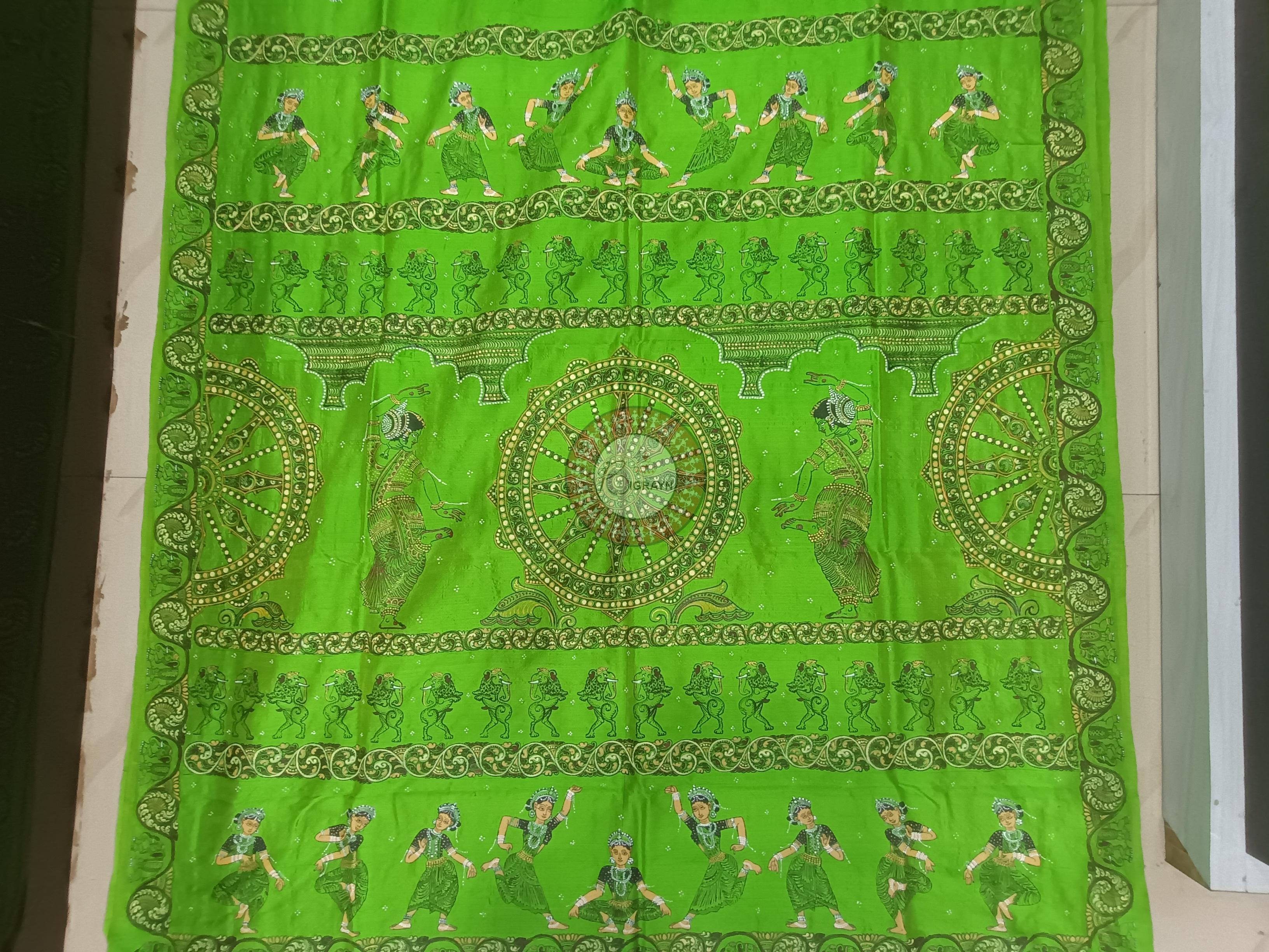 Parrot Green Konark Chakra And Dancer Theme Pattachitra Sambalpuri Silk Saree
