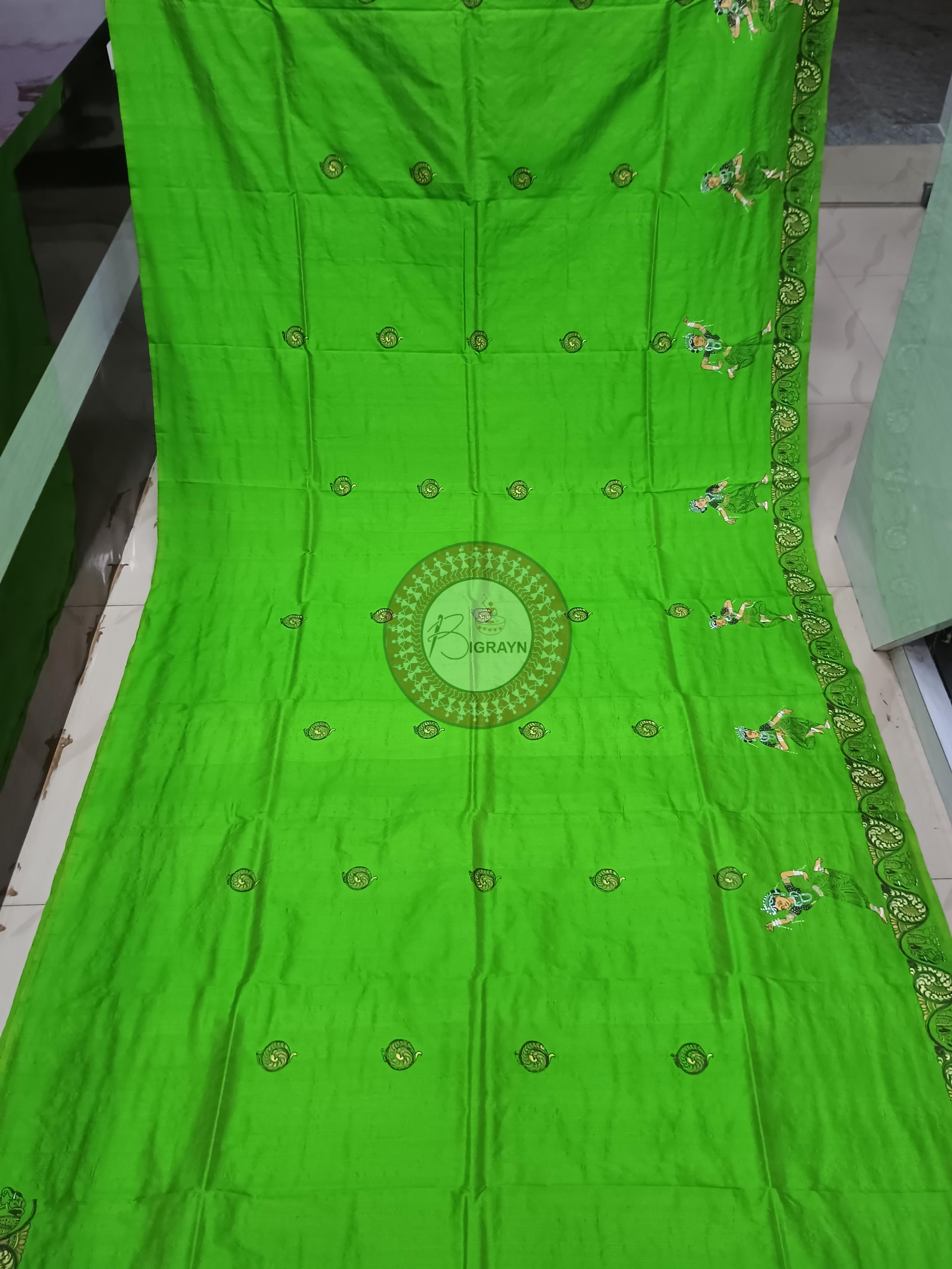Parrot Green Konark Chakra And Dancer Theme Pattachitra Sambalpuri Silk Saree