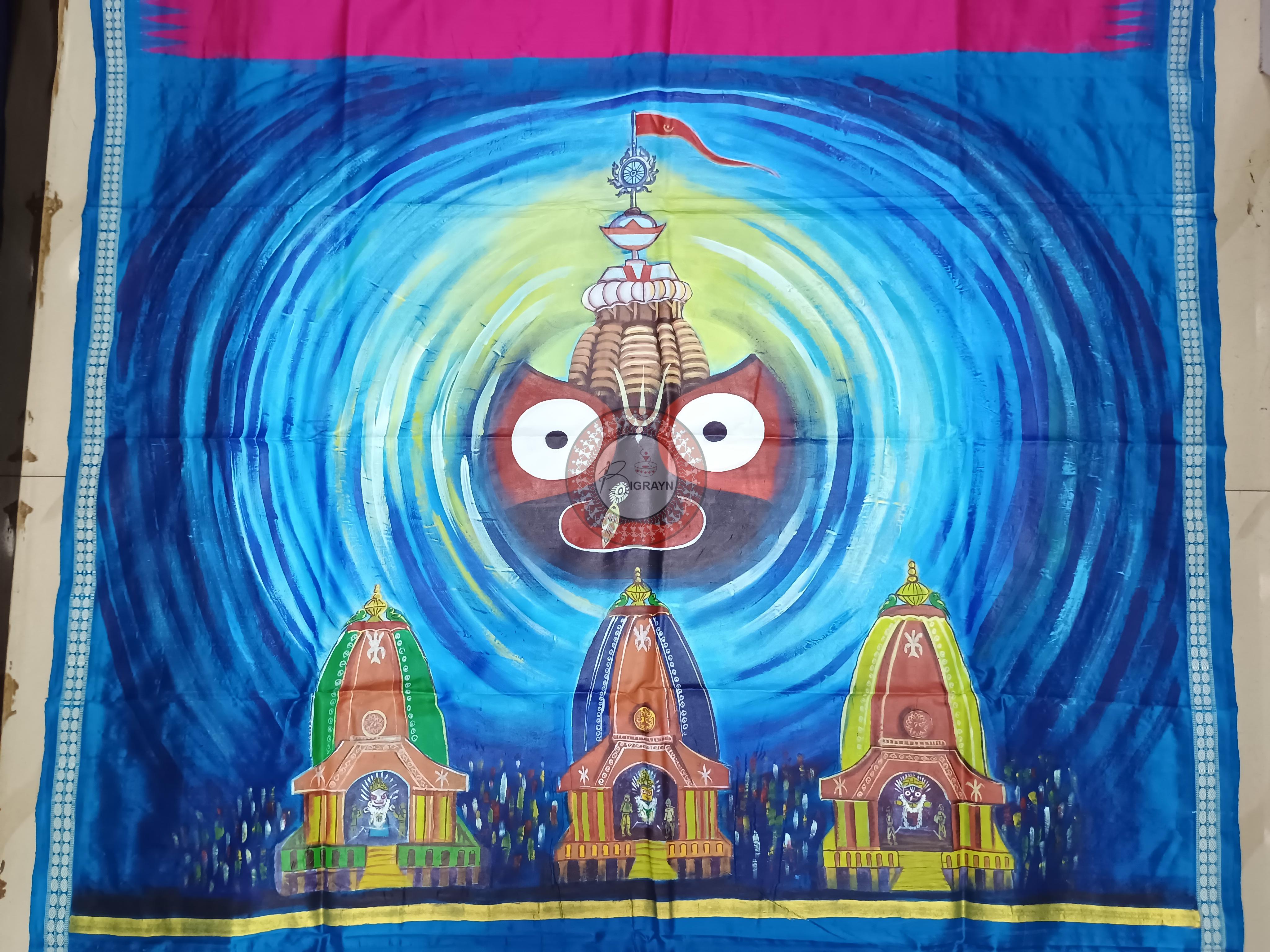 Magenta Copper Sulphate Ratha Yatra Theme Pattachitra Sambalpuri Silk Saree