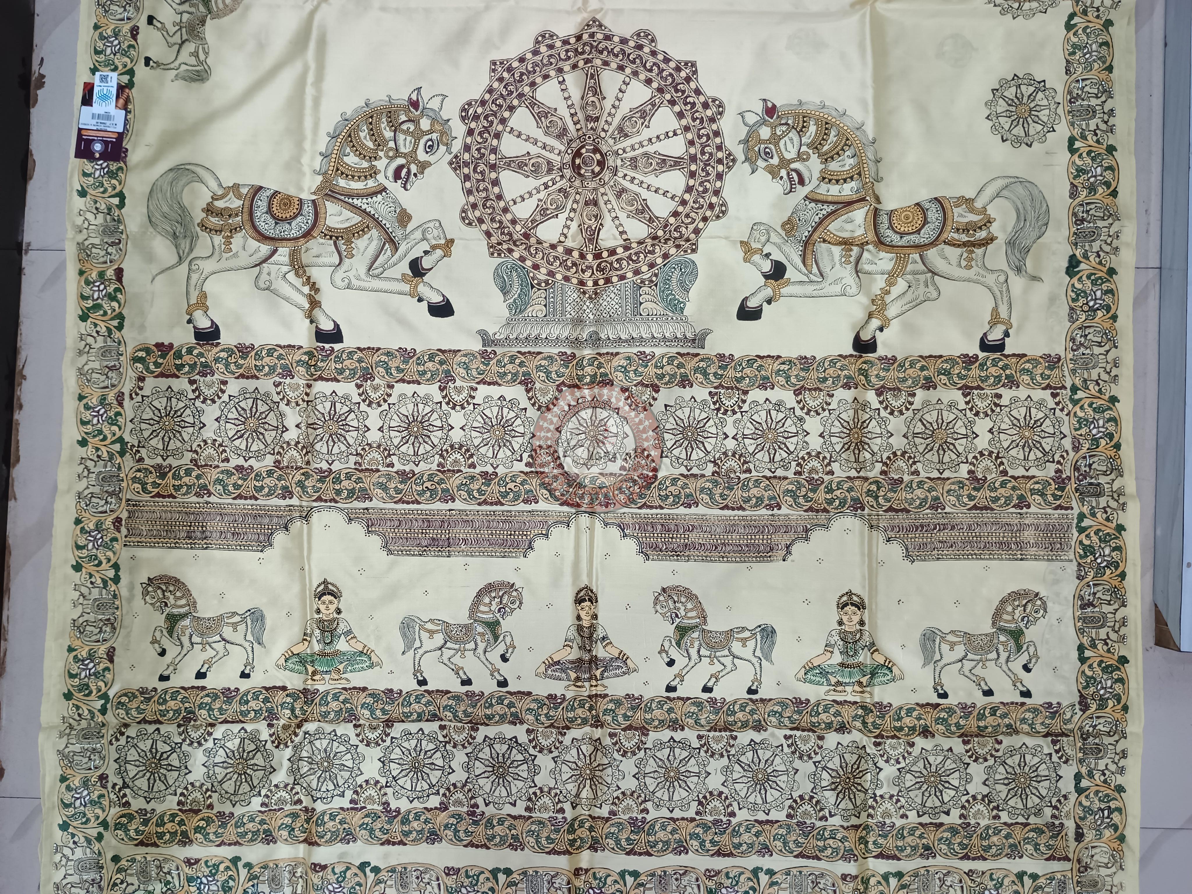 Creame Horse And Konark Wheel Theme Pattachitra Sambalpuri Silk Saree