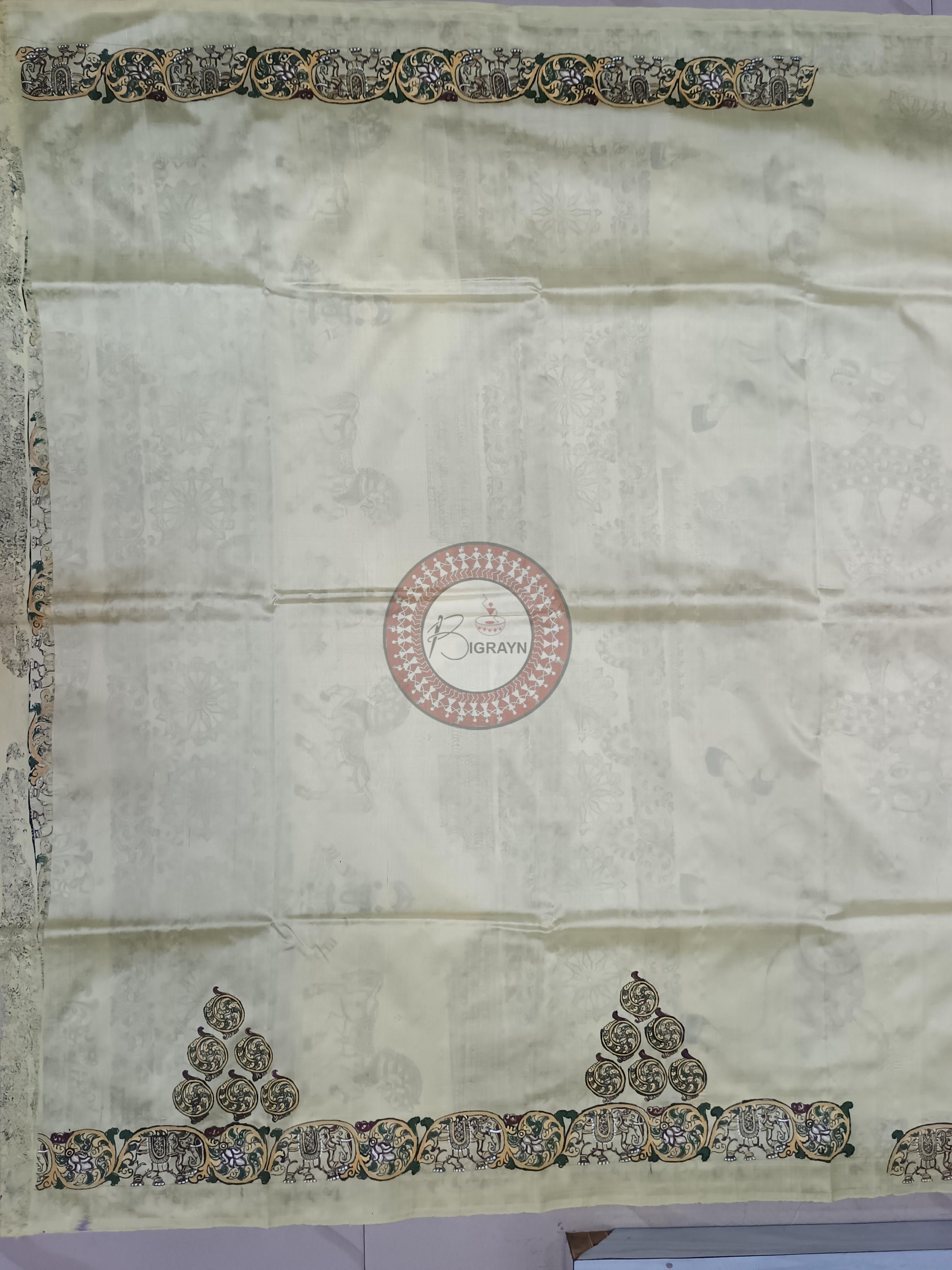 Creame Horse And Konark Wheel Theme Pattachitra Sambalpuri Silk Saree