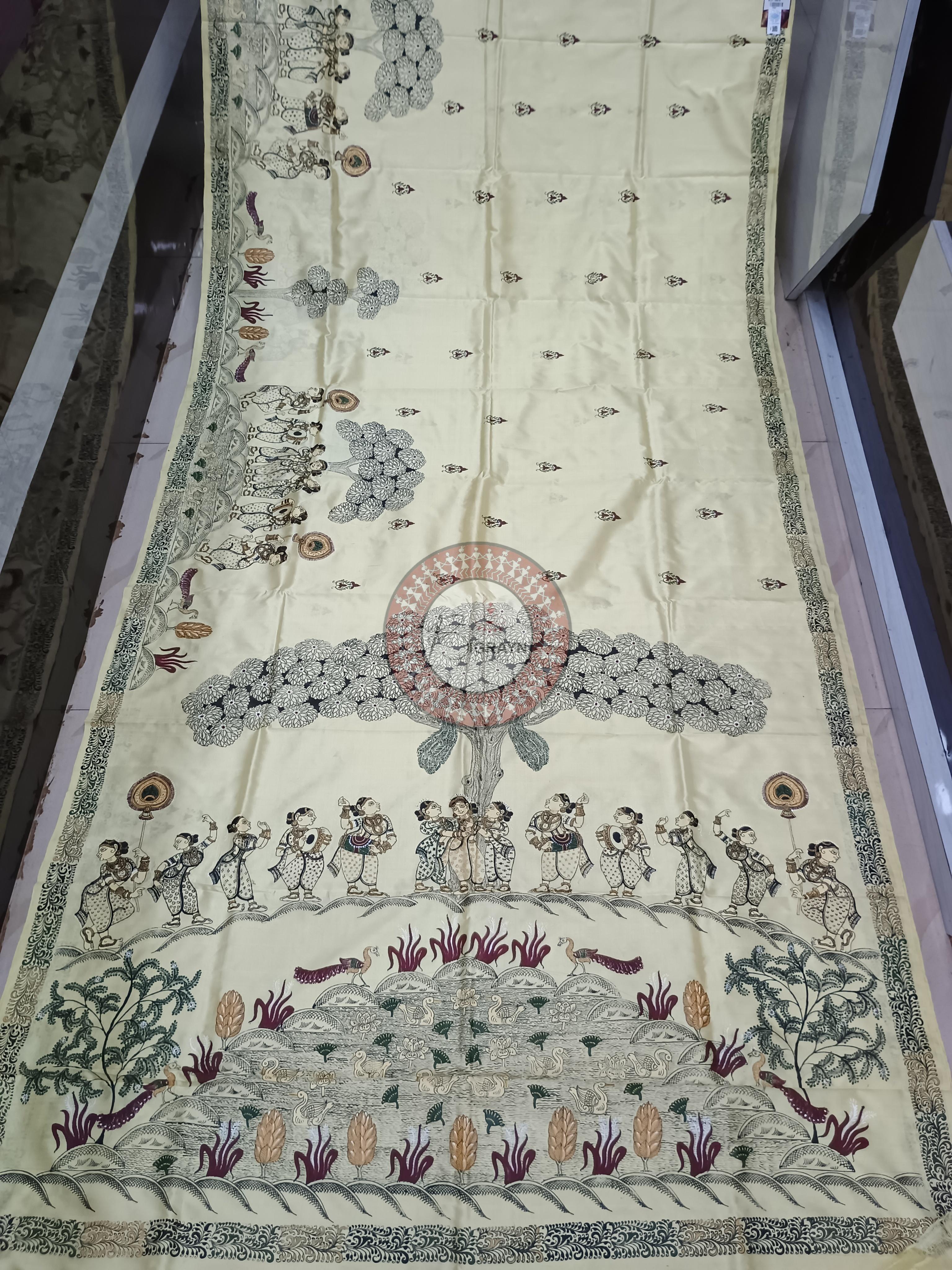Creame Ponds And Dancer Theme Pattachitra Sambalpuri Silk Saree