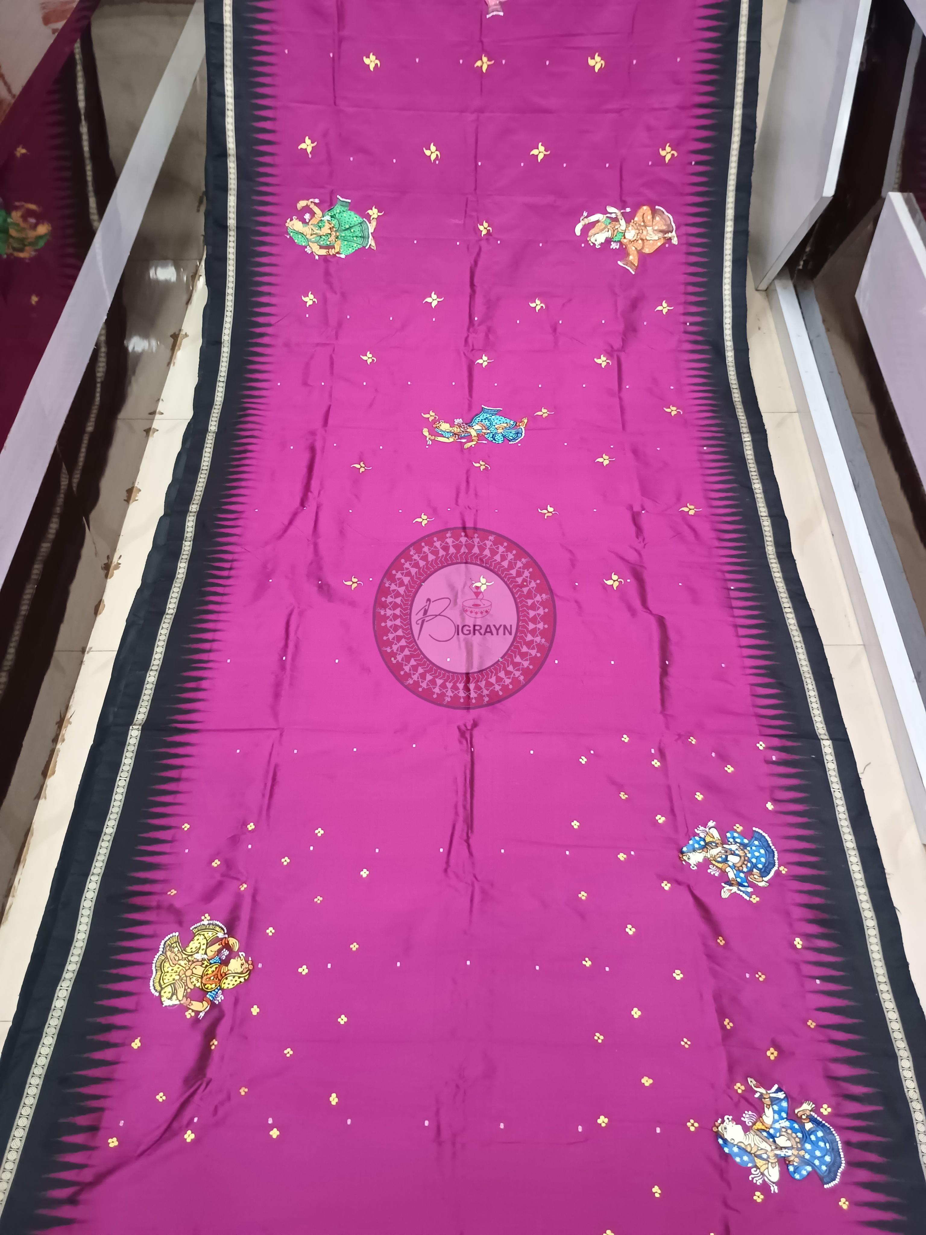 Magenta Black Rajastani Dancer Theme Pattachitra Sambalpuri Silk Saree