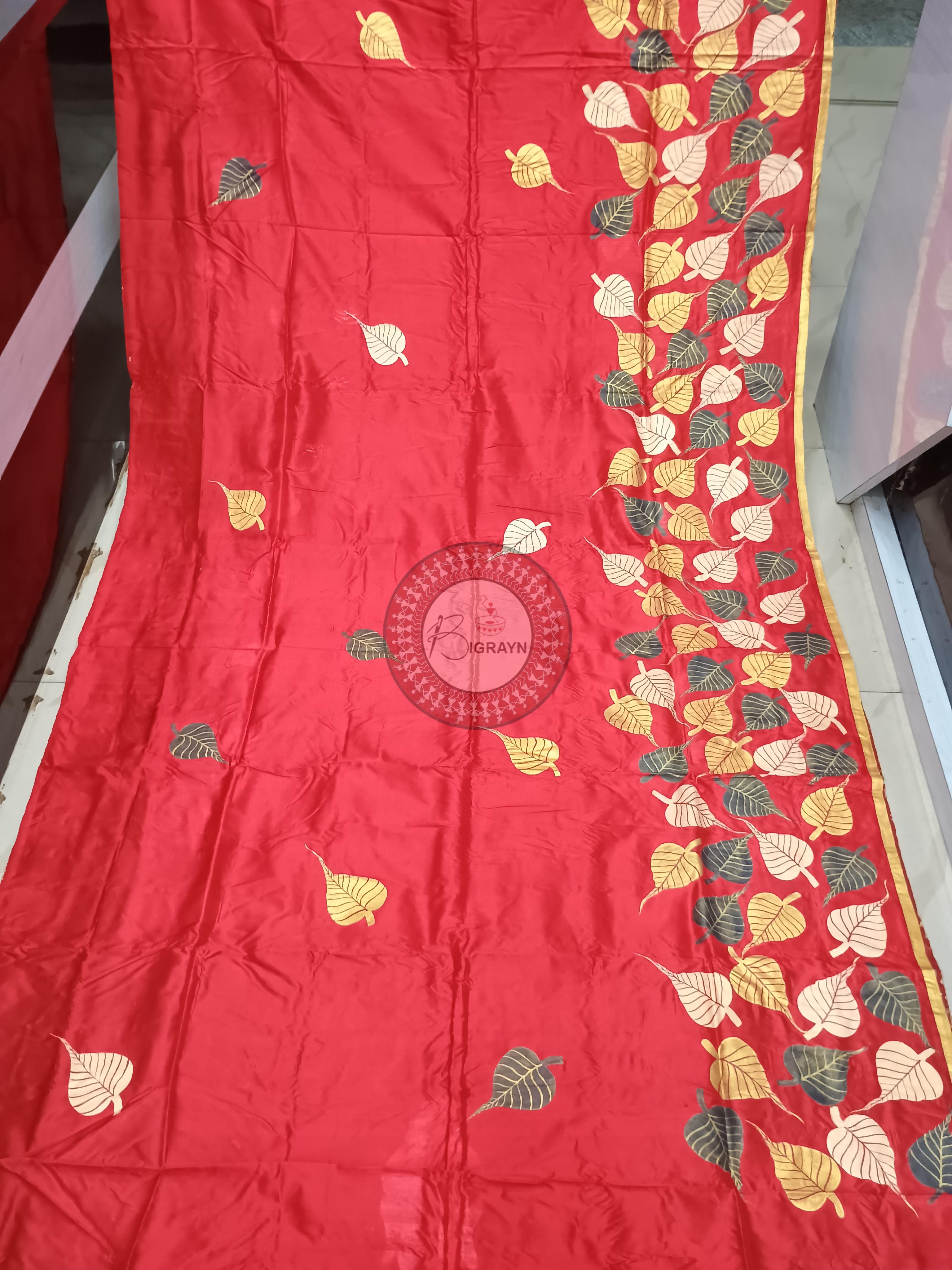 Red Buddha Theme Pattachitra Sambalpuri Silk Saree