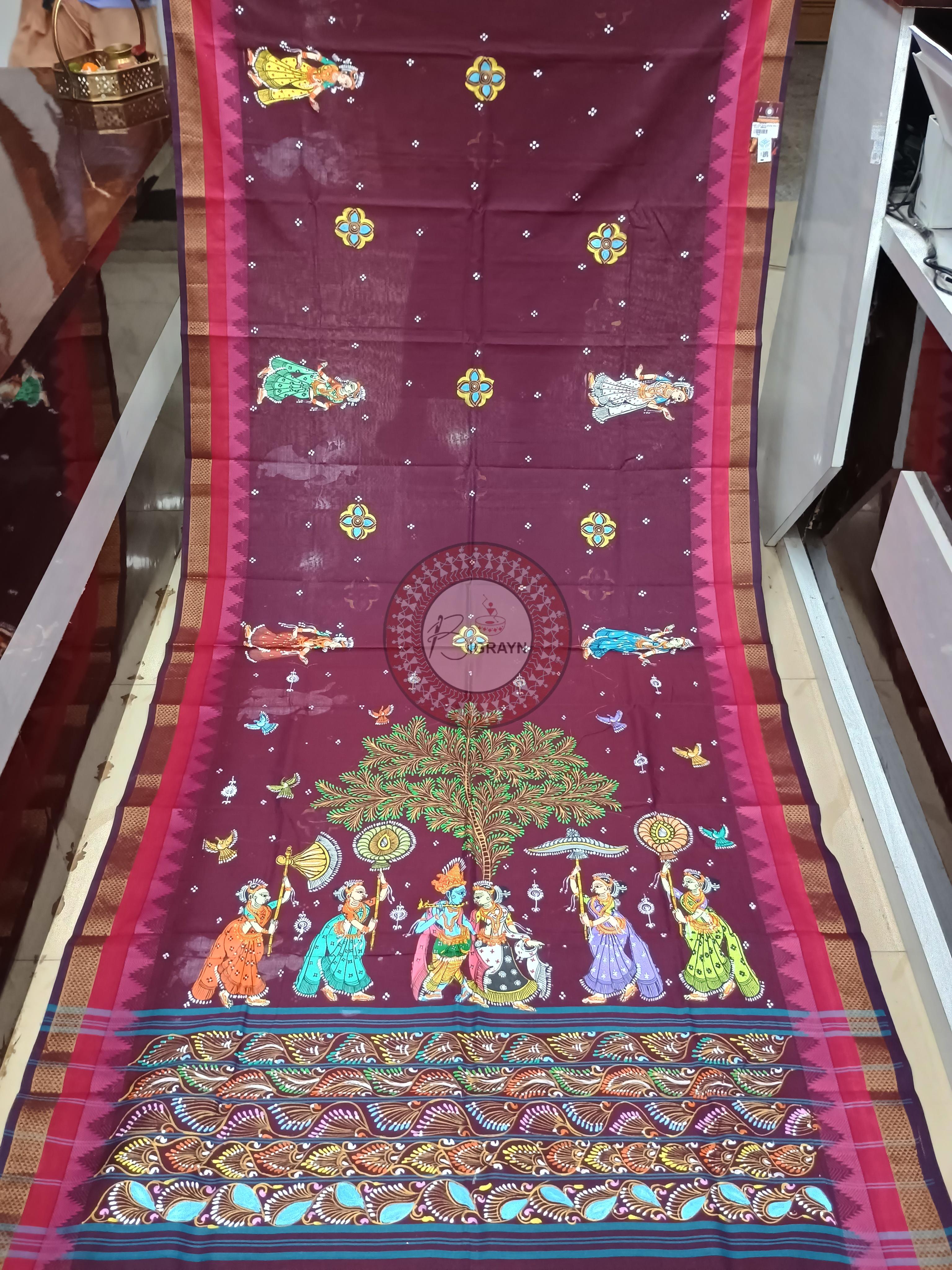 Wine Radha Krishna Rasa Theme Pattachitra South Cotton Saree