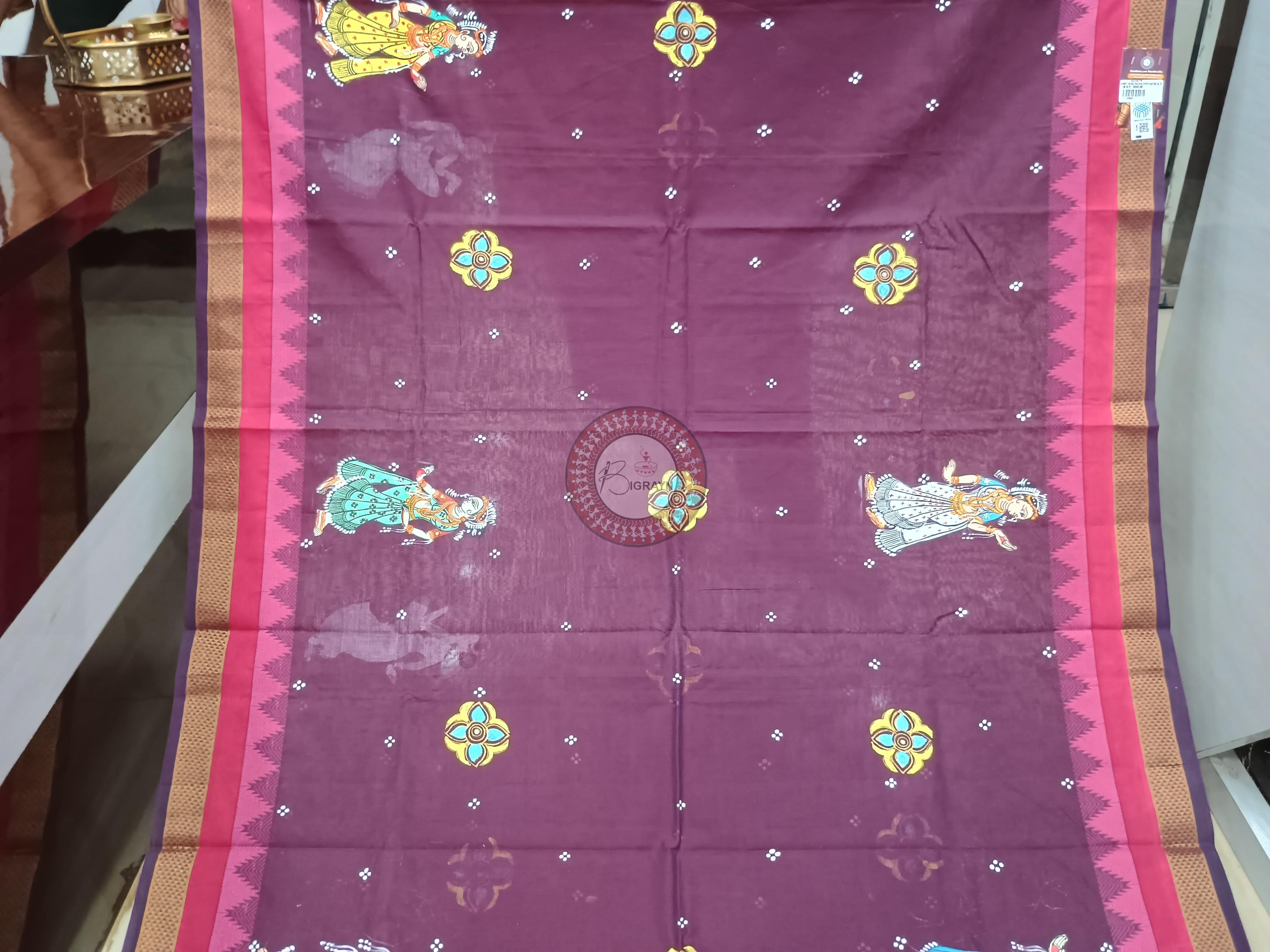 Wine Radha Krishna Rasa Theme Pattachitra South Cotton Saree
