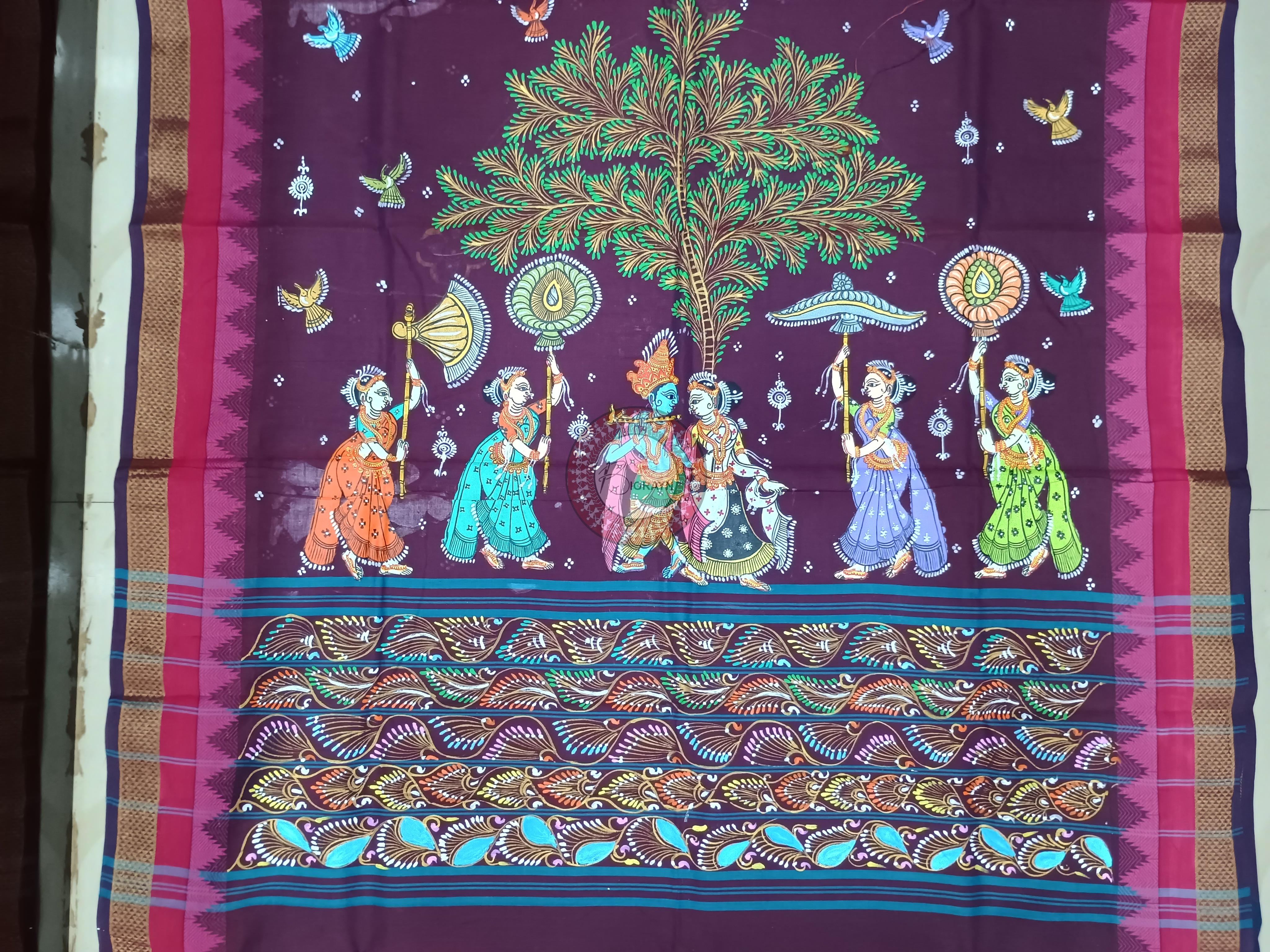 Wine Radha Krishna Rasa Theme Pattachitra South Cotton Saree