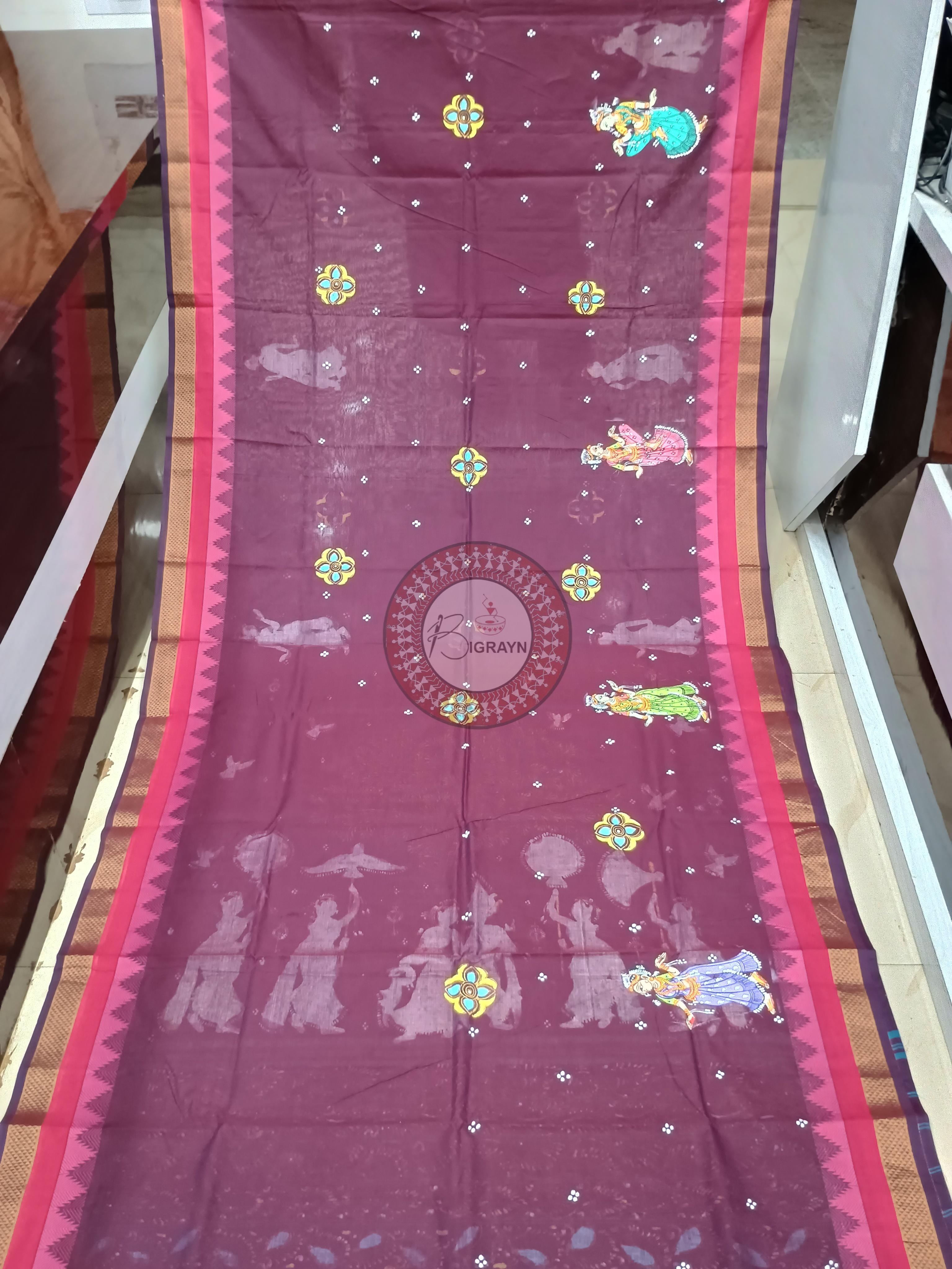 Wine Radha Krishna Rasa Theme Pattachitra South Cotton Saree