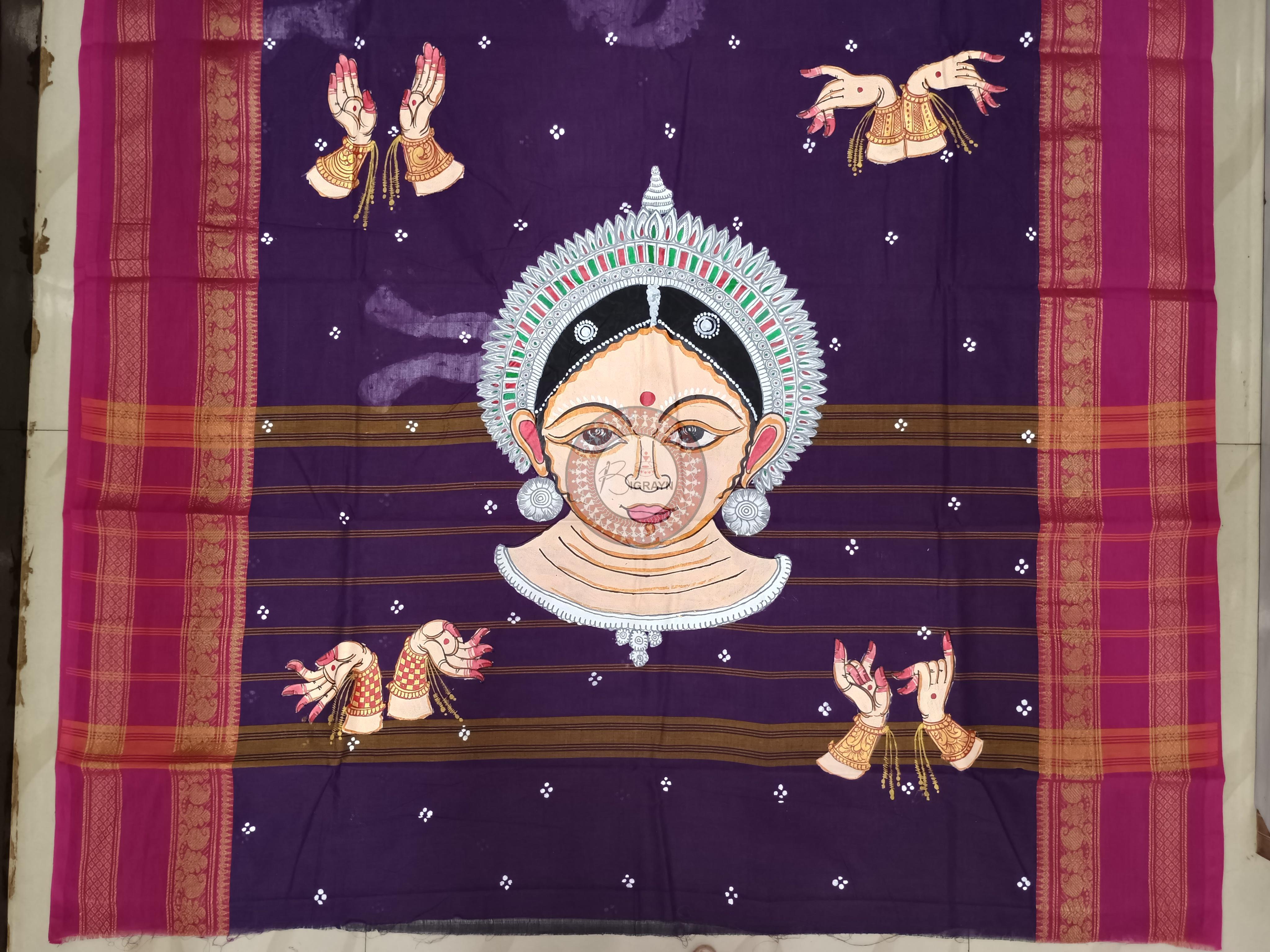 Purple Magenta Odishi Mudra And Face Theme Pattachitra South Cotton Saree