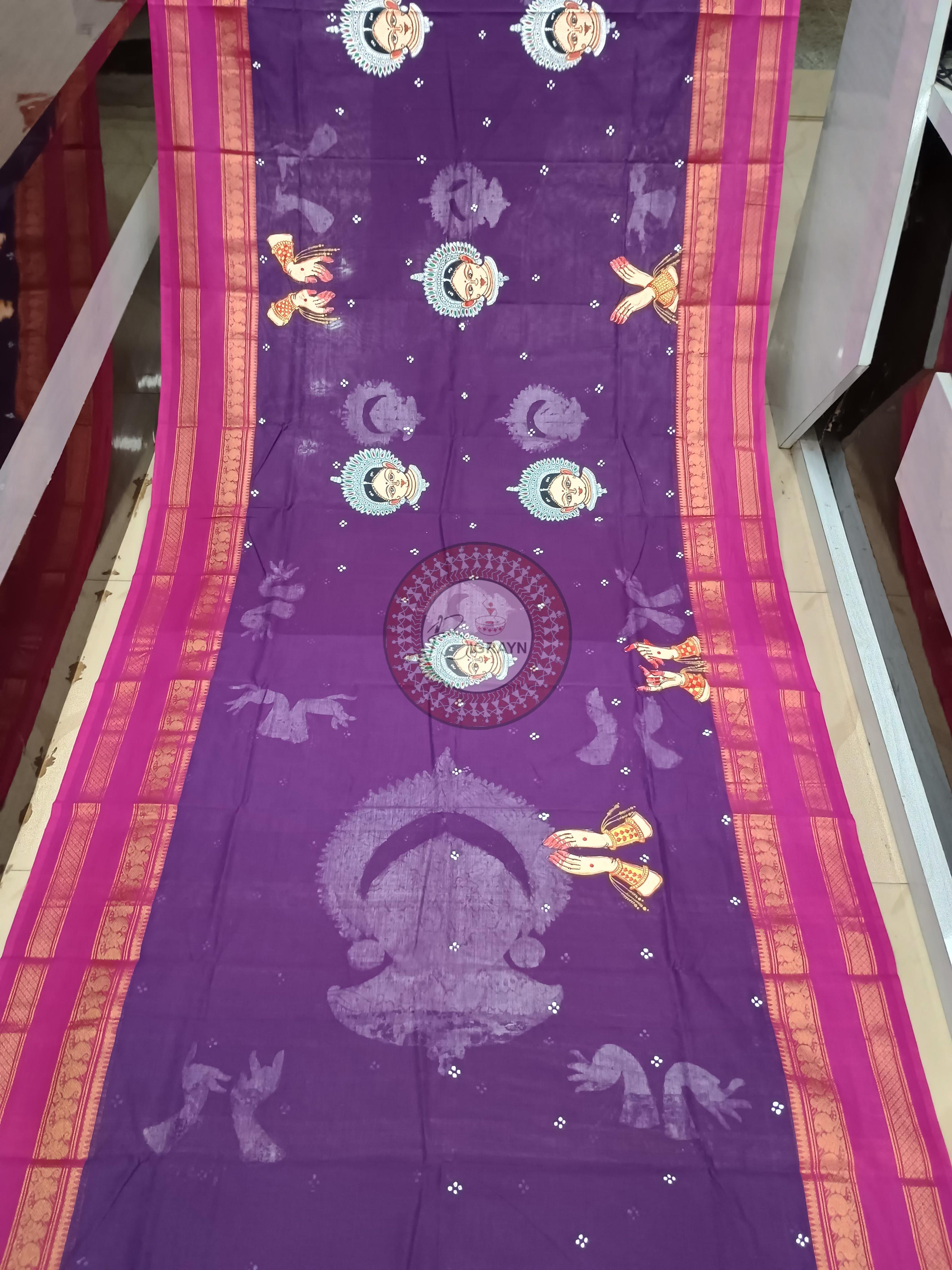 Purple Magenta Odishi Mudra And Face Theme Pattachitra South Cotton Saree