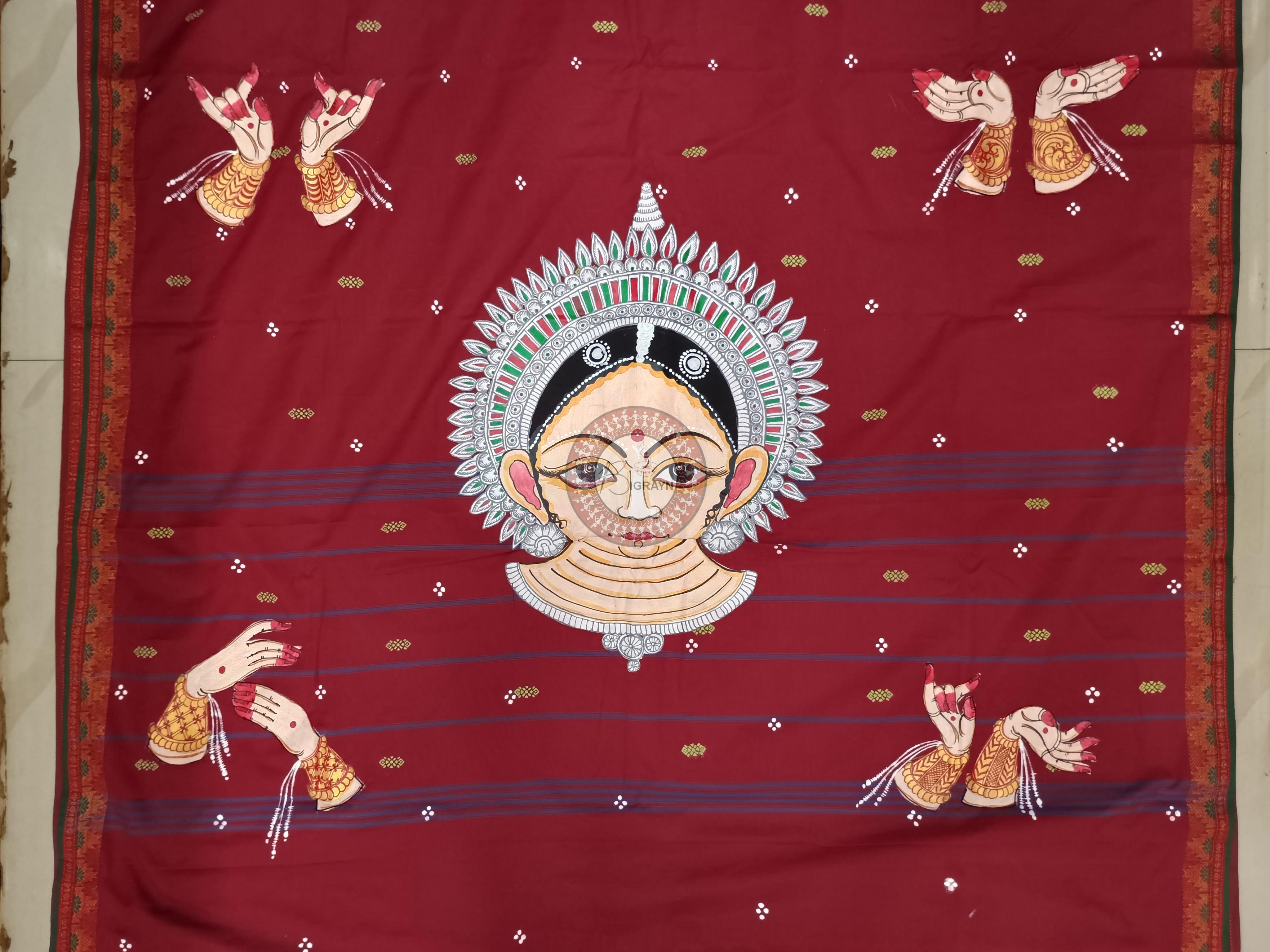 Maroon Odishi Mudra And Face Theme Pattachitra South Cotton Saree
