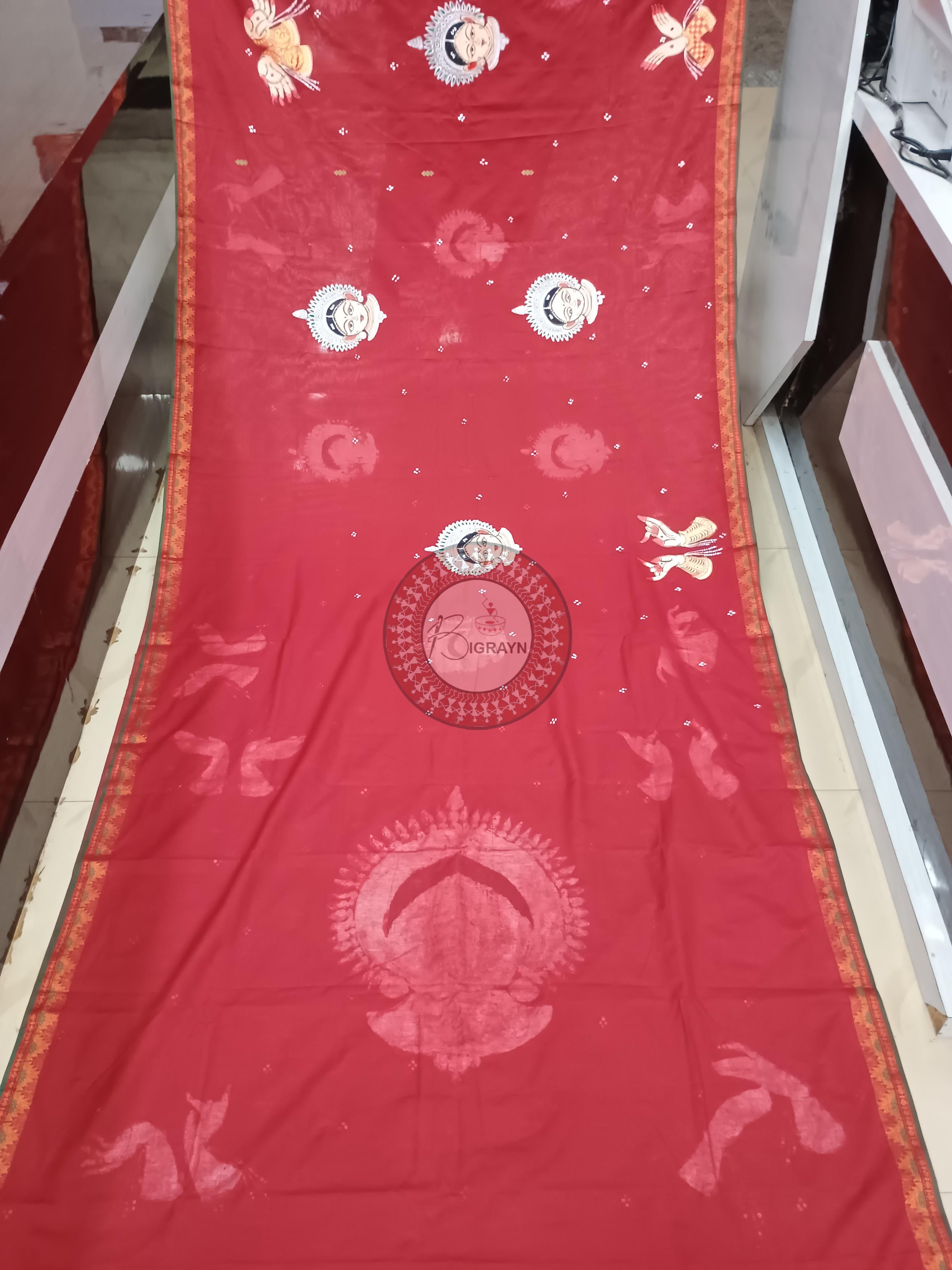 Maroon Odishi Mudra And Face Theme Pattachitra South Cotton Saree