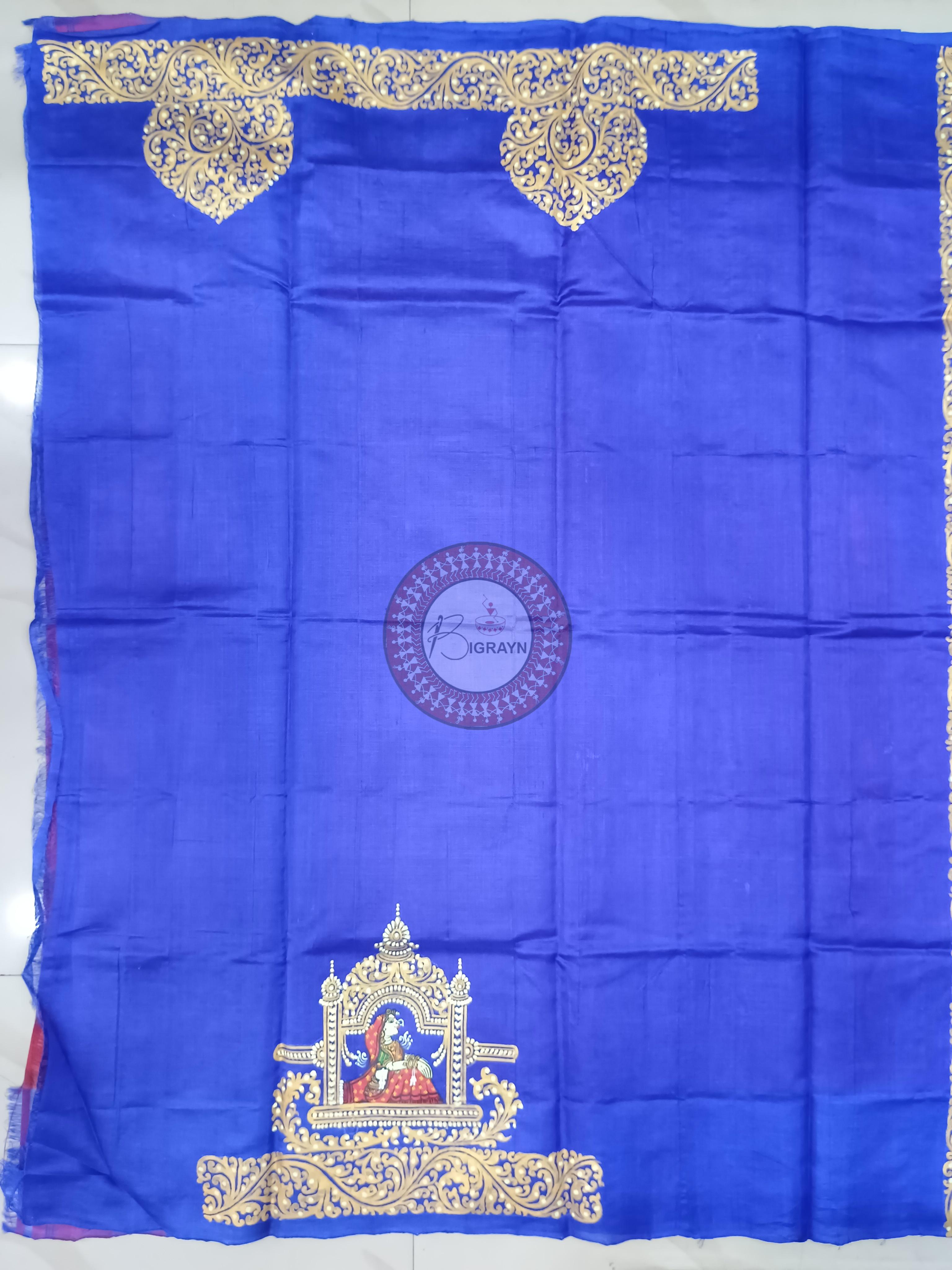 Red Blue Marriage Theme Pattachitra Tussar Silk Saree
