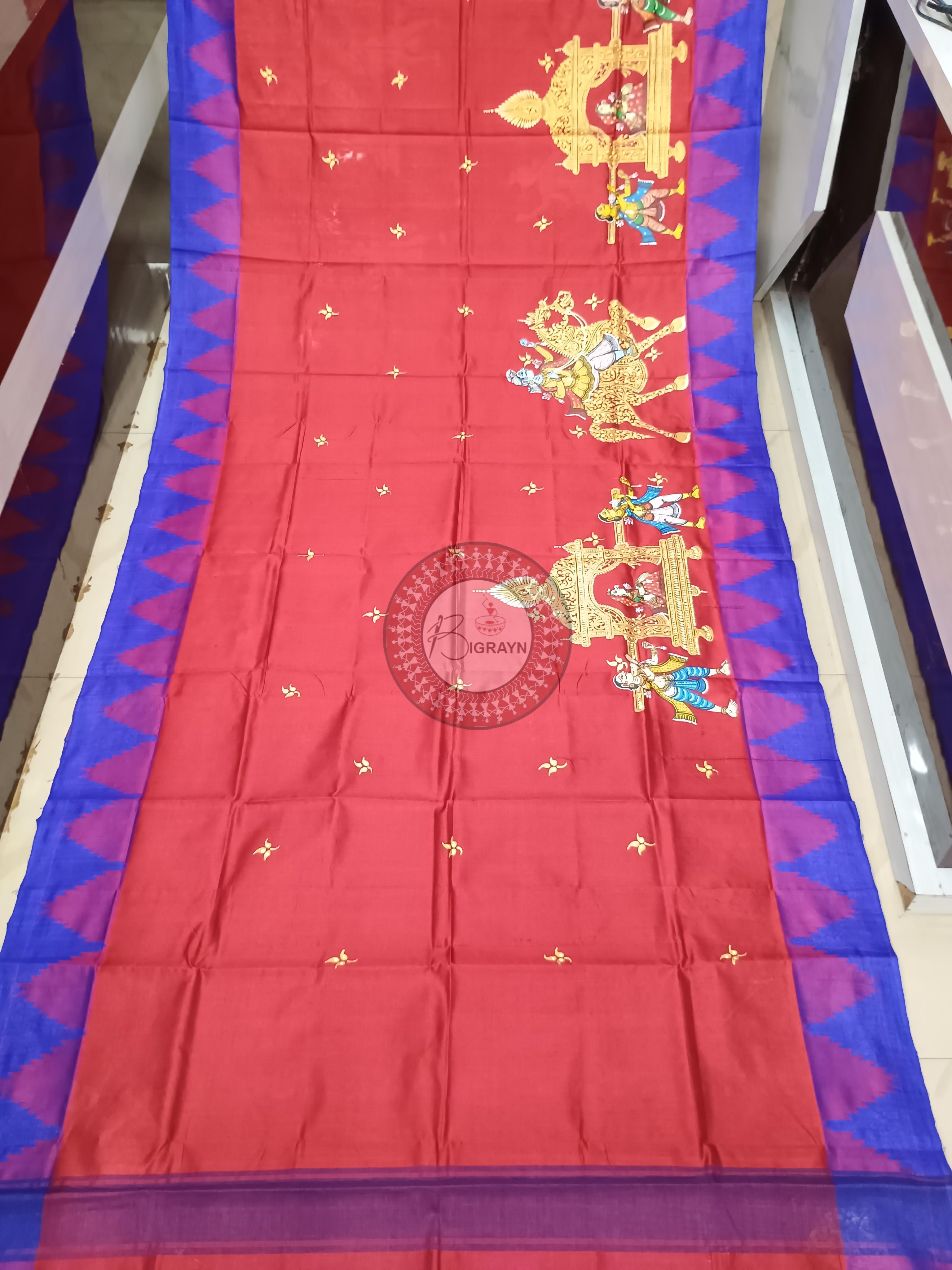 Red Blue Marriage Theme Pattachitra Tussar Silk Saree