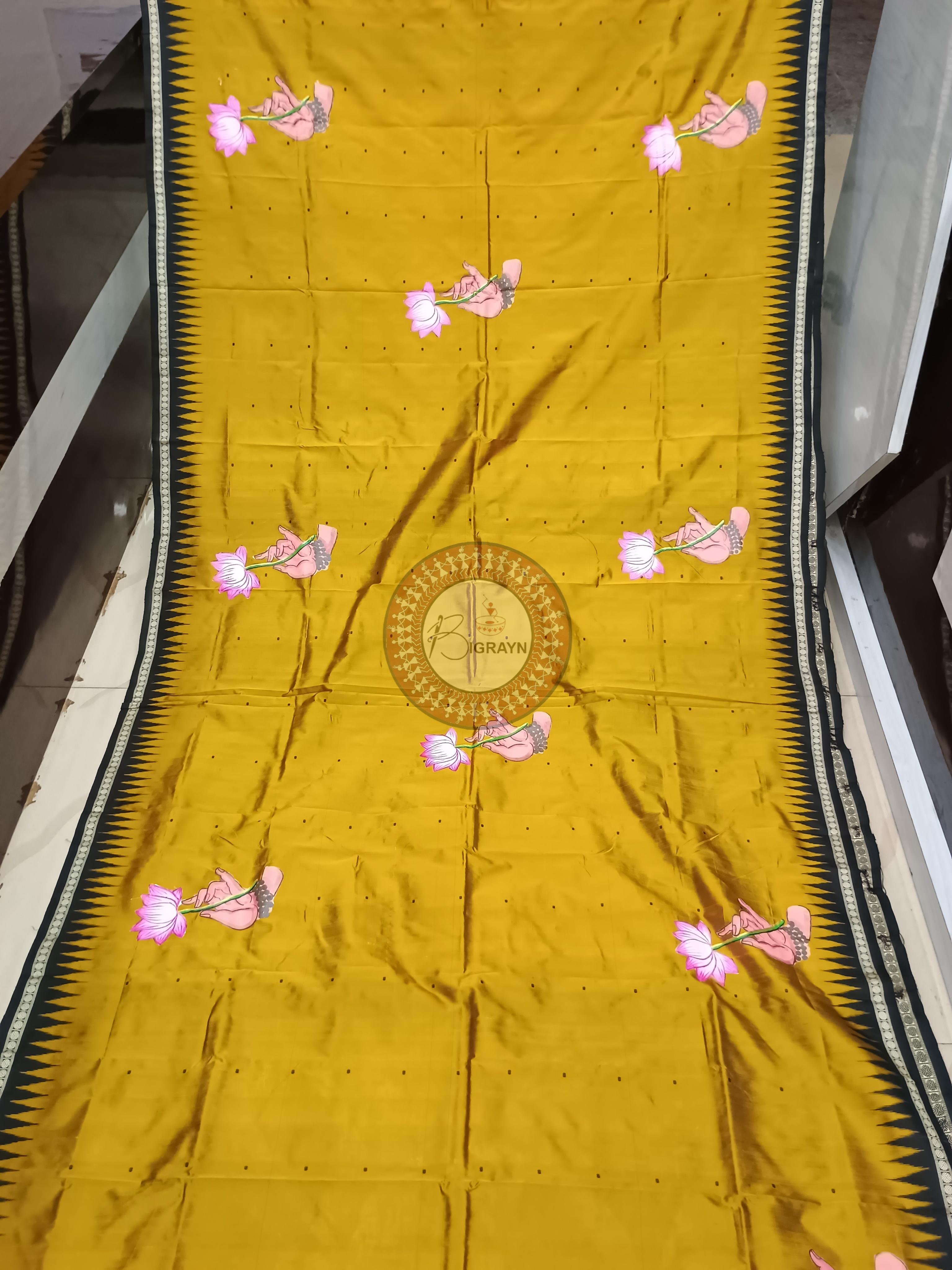 Mustard Yellow Black Budhha Theme Pattachitra Sambalpuri Silk Saree