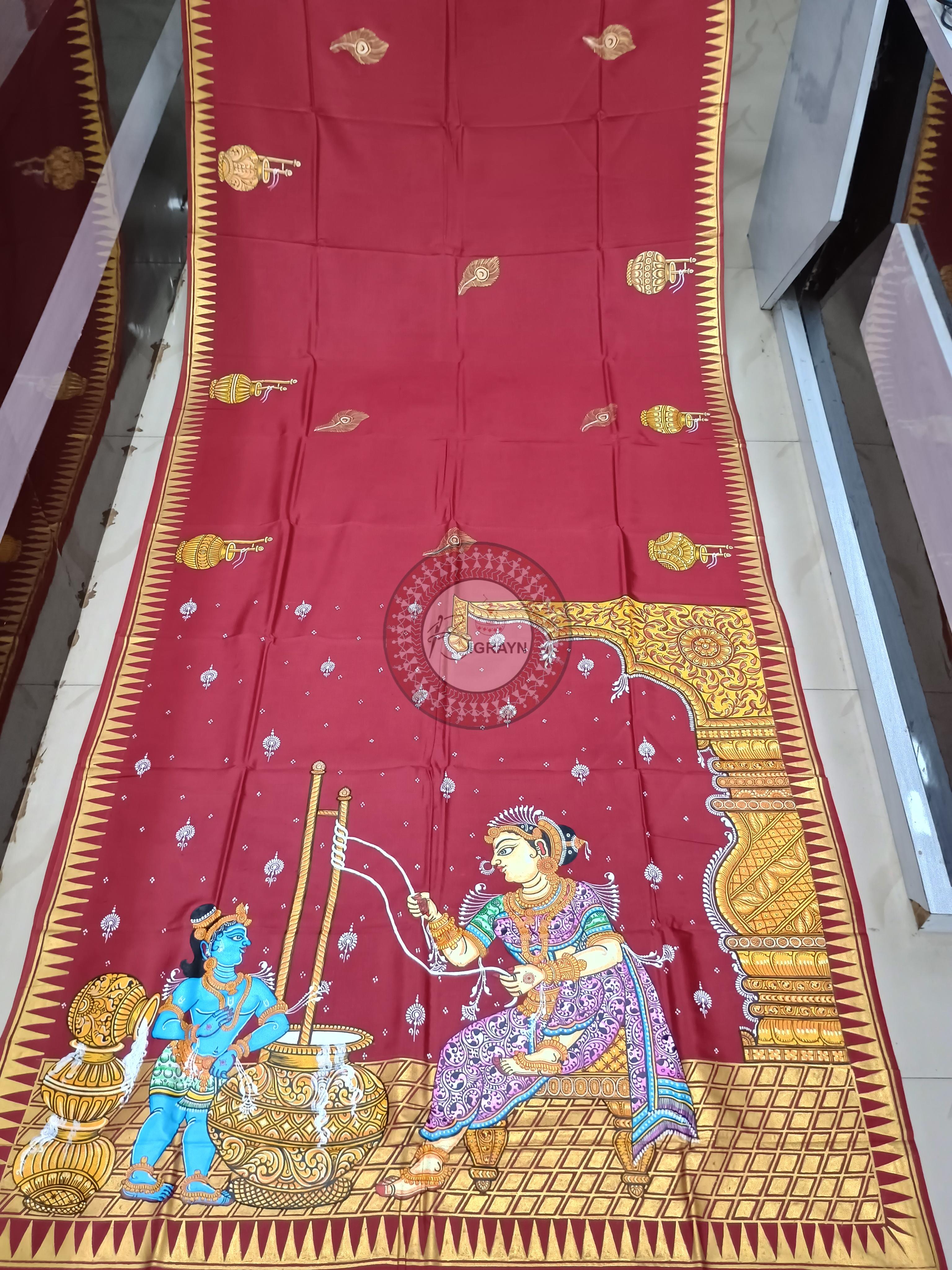 Maroon Dadhi Manthana Theme Pattachitra Khadi Silk Saree