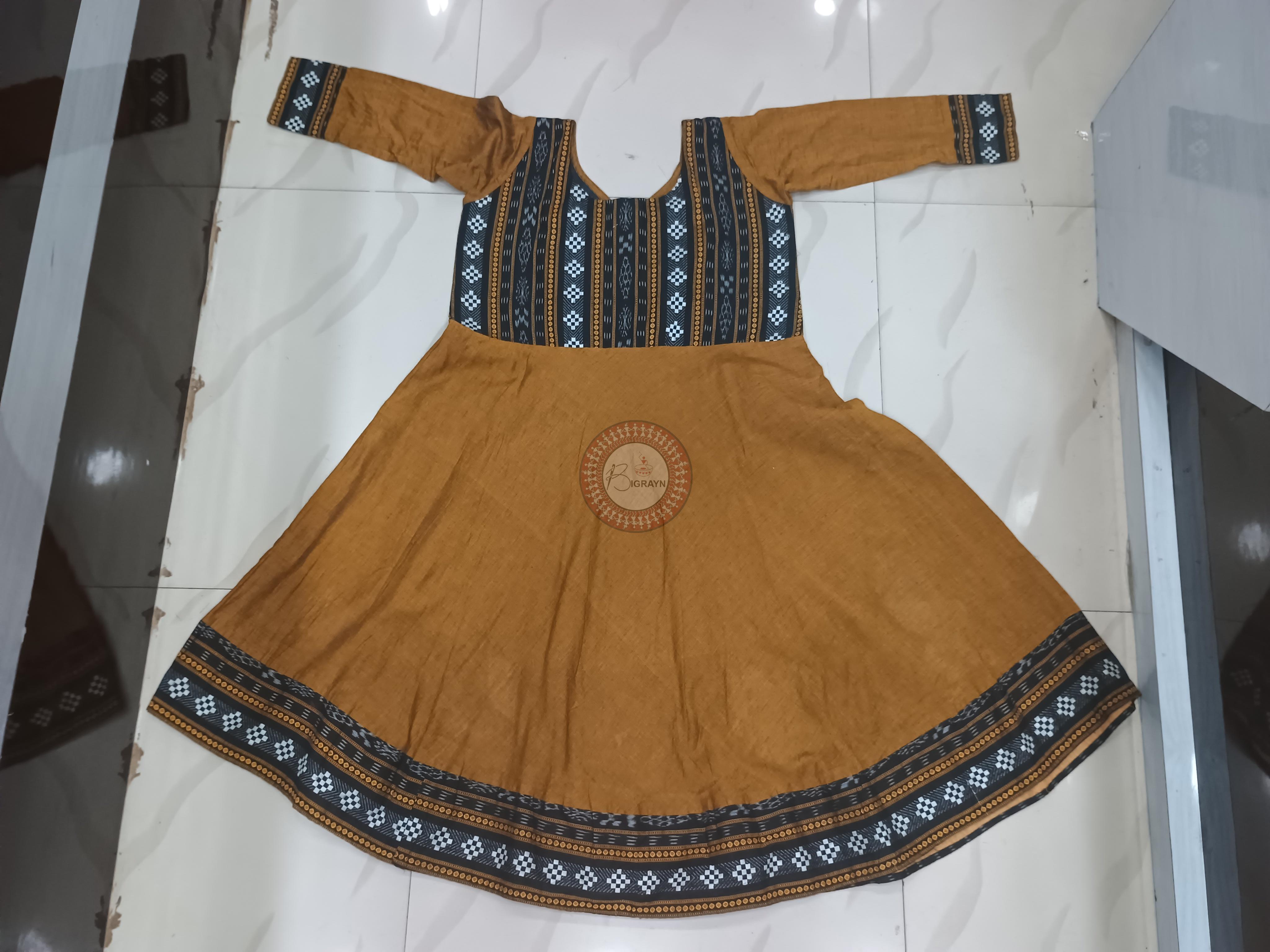 Mustard Yellow Black Dancer Theme Odisha Hand Painted Pattachitra Anarkali
