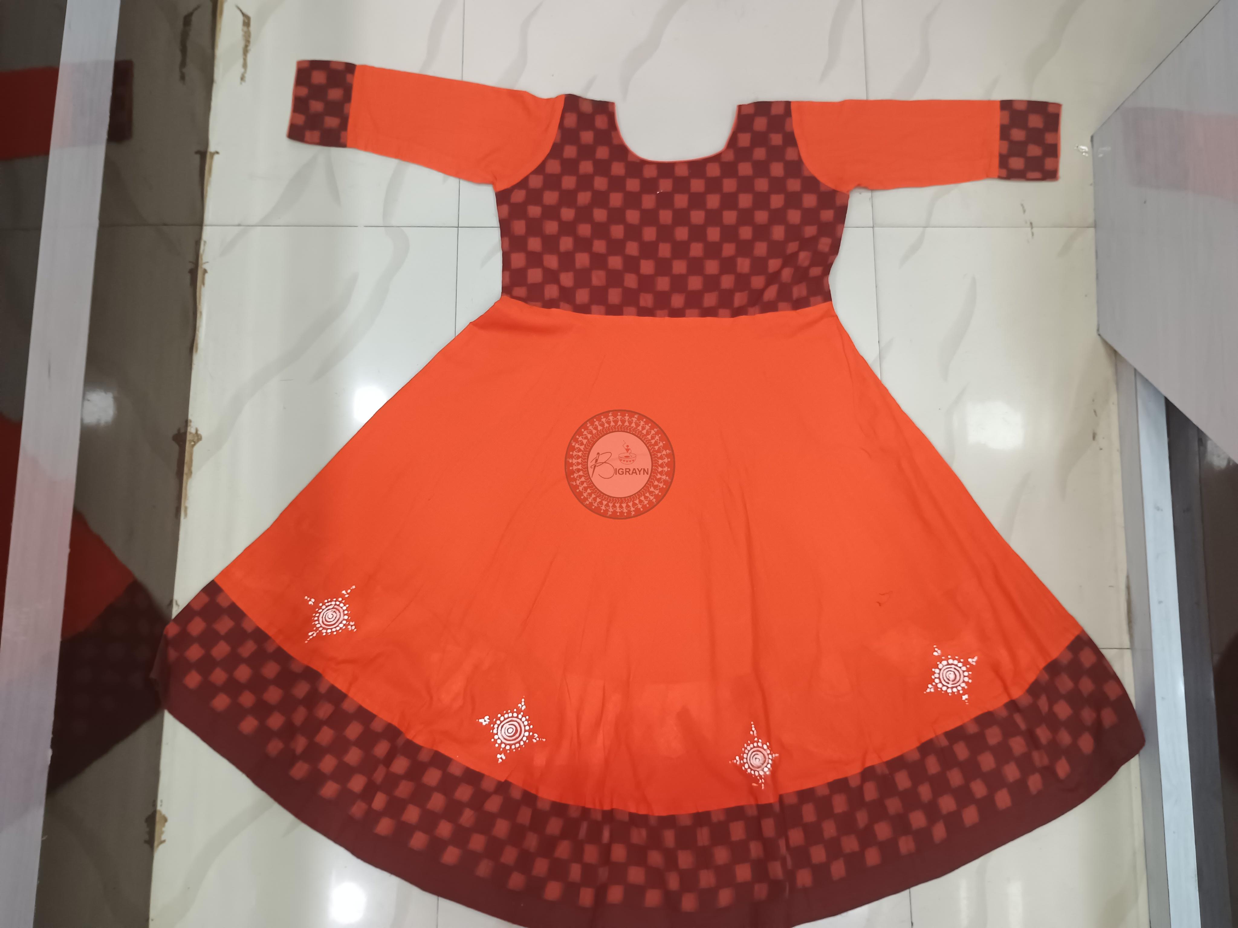 Orange Maroon Mastya Kanya Theme Odisha Hand Painted Pattachitra Anarkali