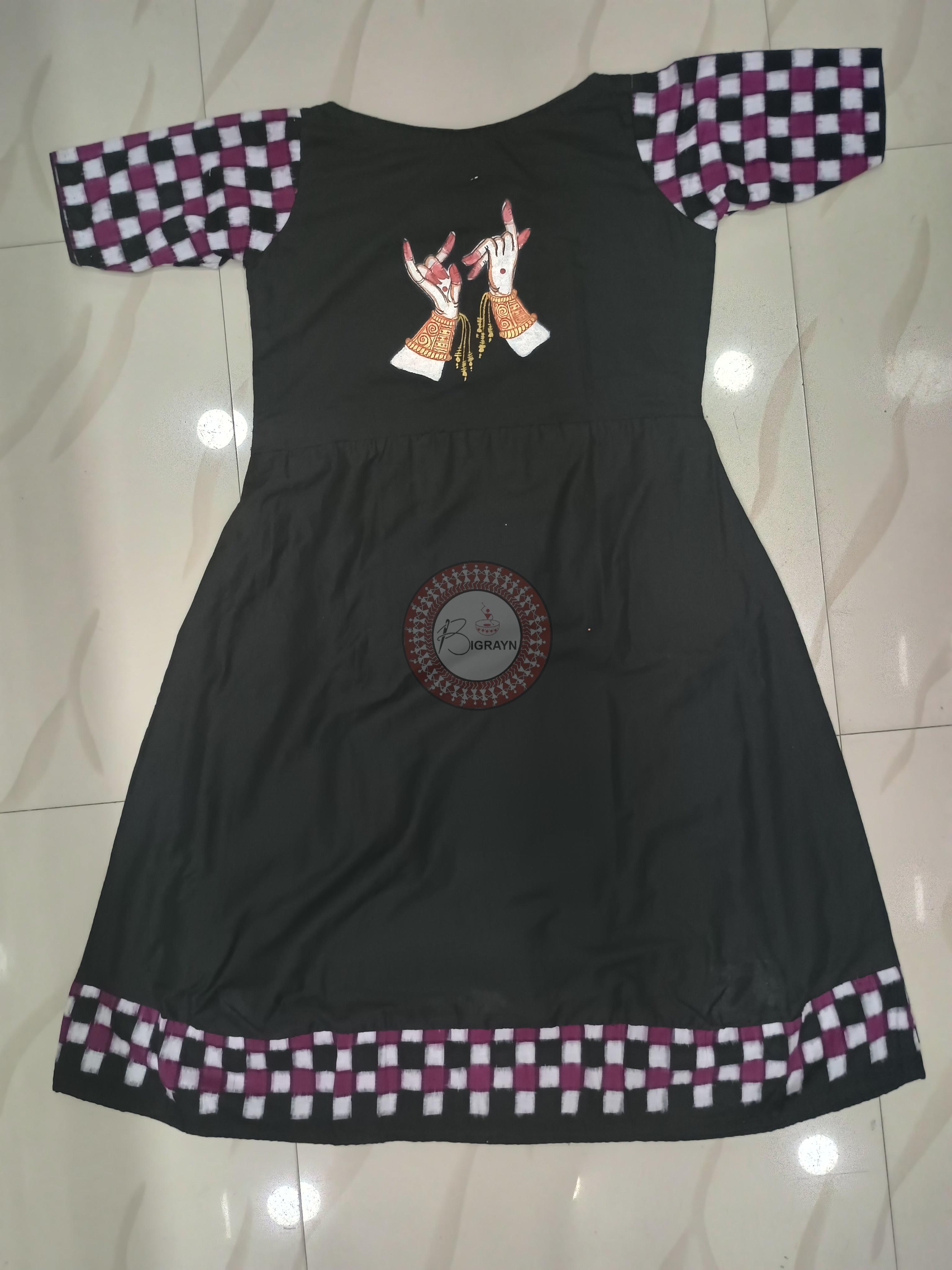 Black Maroon Odishi Mudra Theme Odisha Hand Painted Pattachitra Anarkali