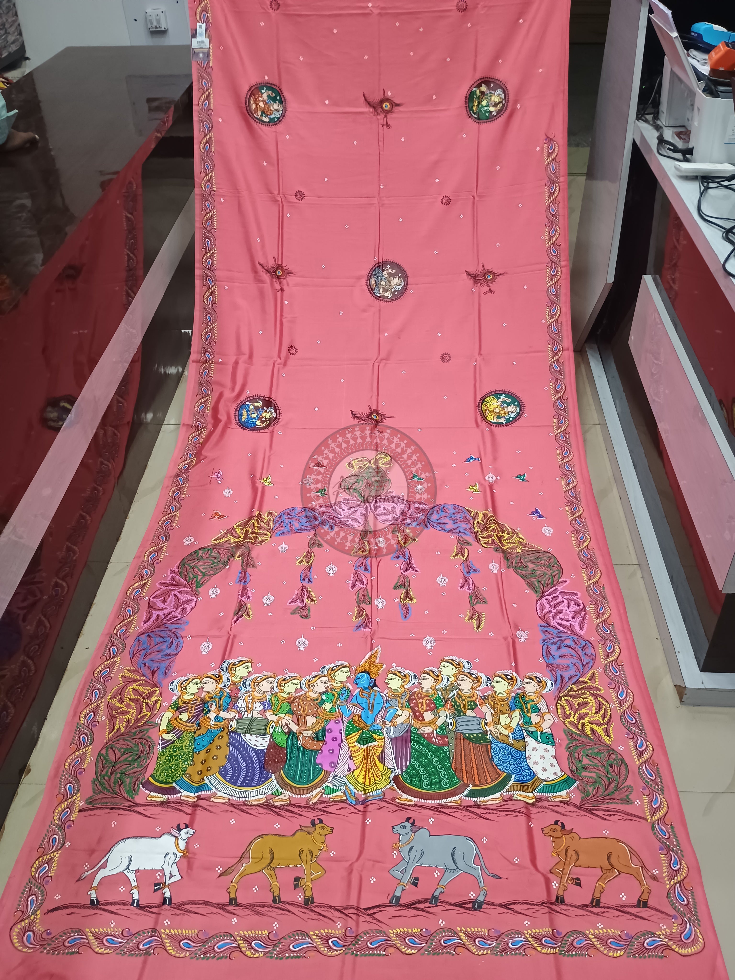 Pink Radha Krishna Rasa Theme Pattachitra Khadi Silk Saree