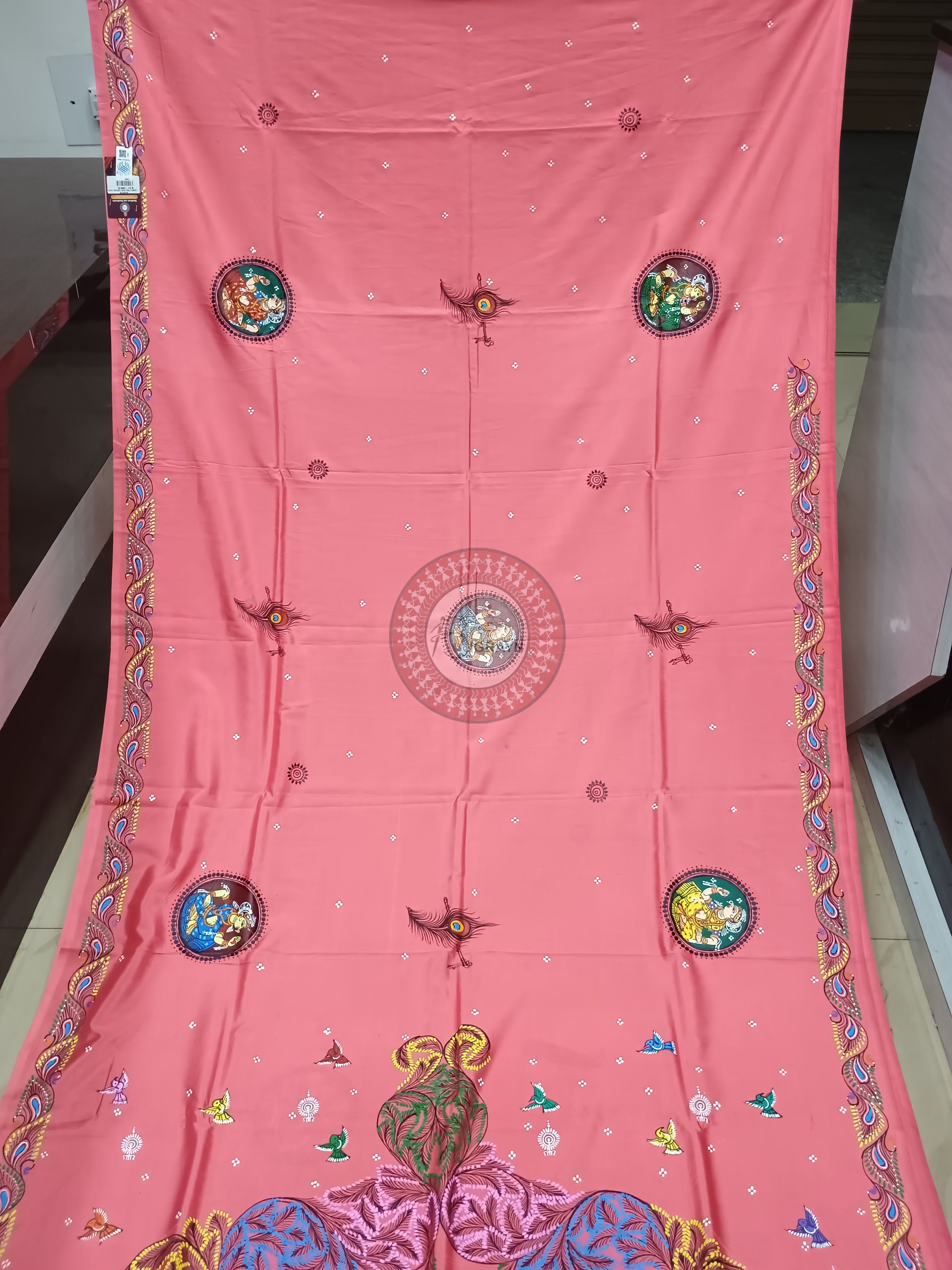 Pink Radha Krishna Rasa Theme Pattachitra Khadi Silk Saree