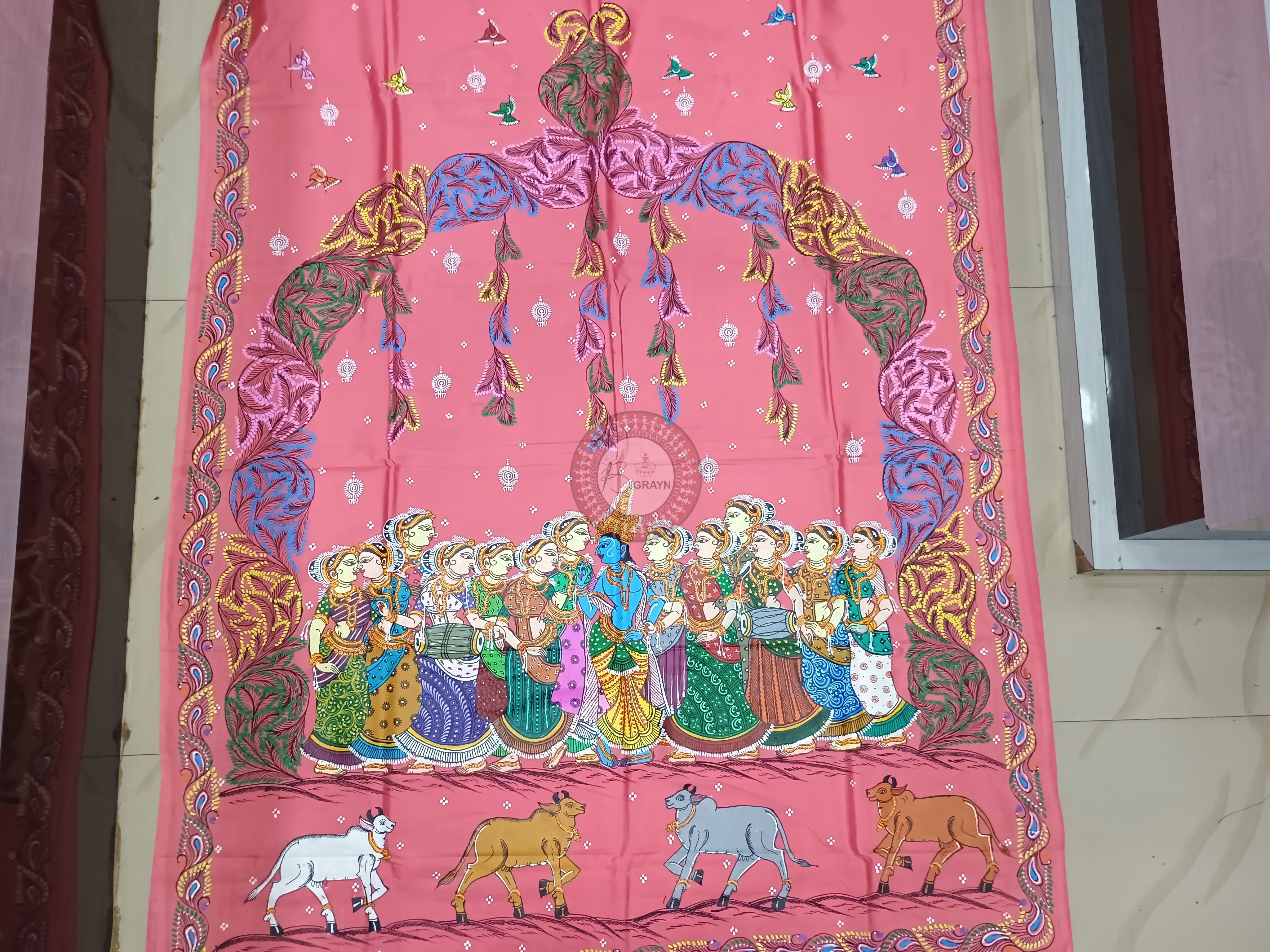 Pink Radha Krishna Rasa Theme Pattachitra Khadi Silk Saree