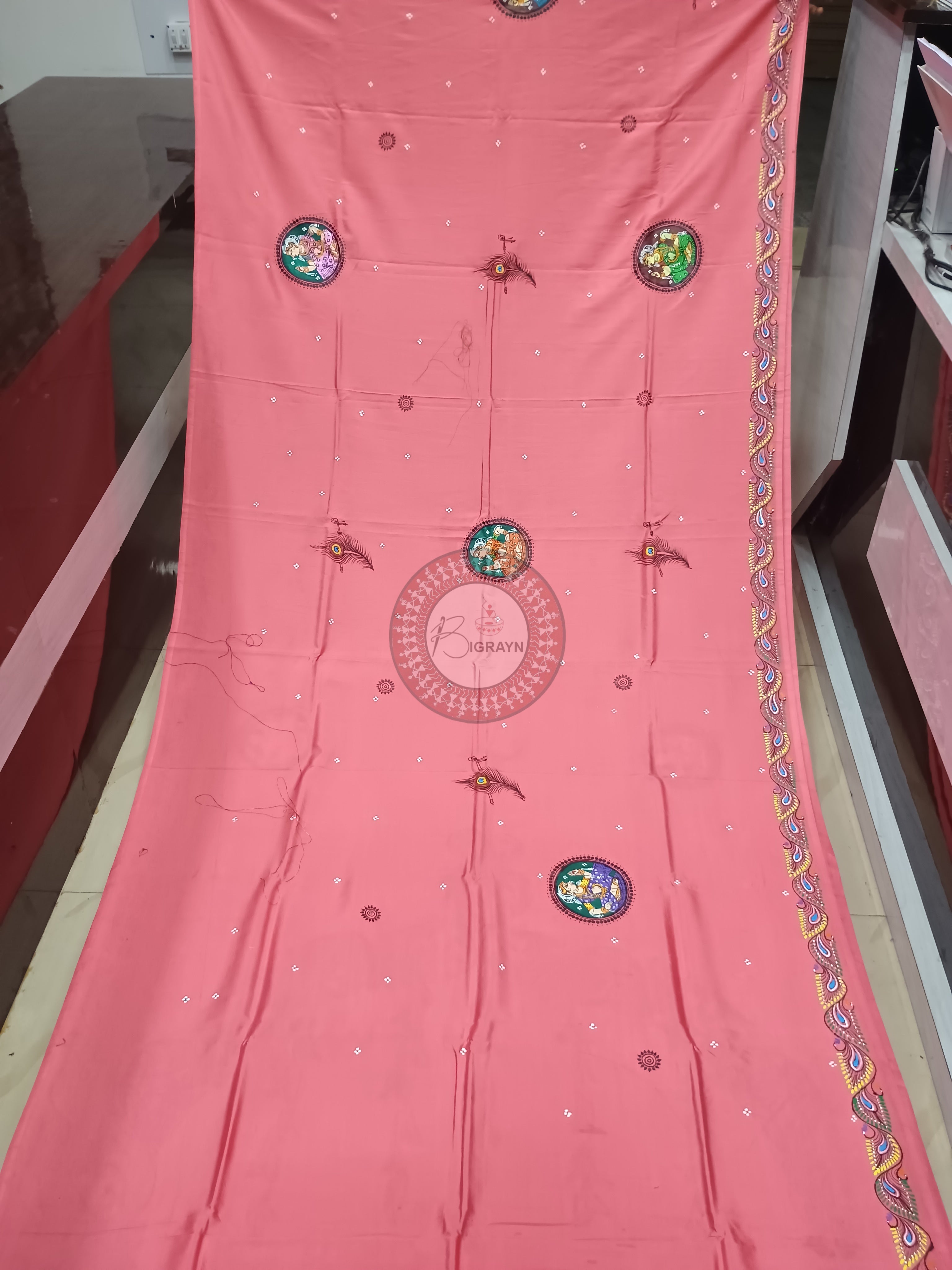 Pink Radha Krishna Rasa Theme Pattachitra Khadi Silk Saree
