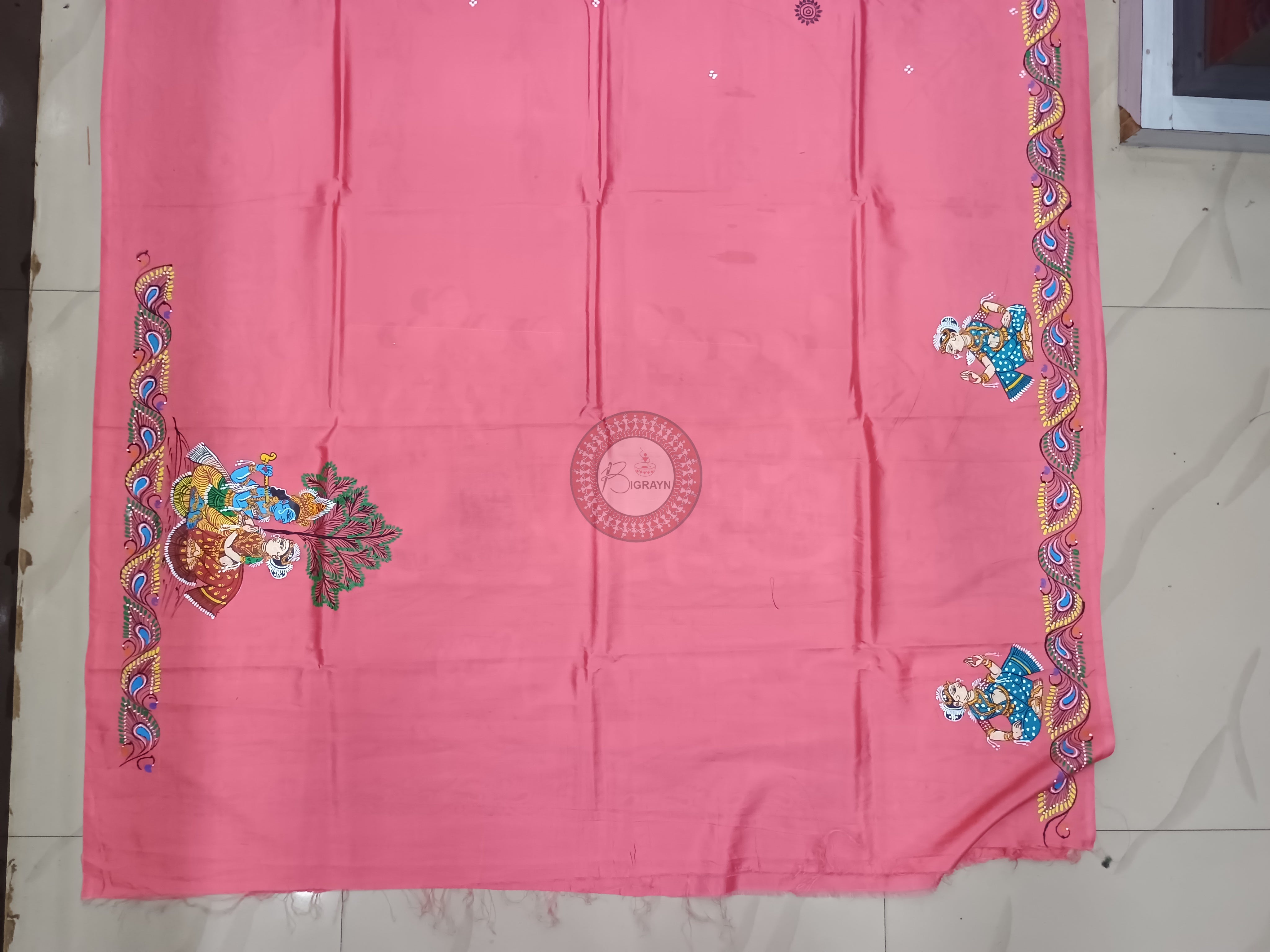 Pink Radha Krishna Rasa Theme Pattachitra Khadi Silk Saree