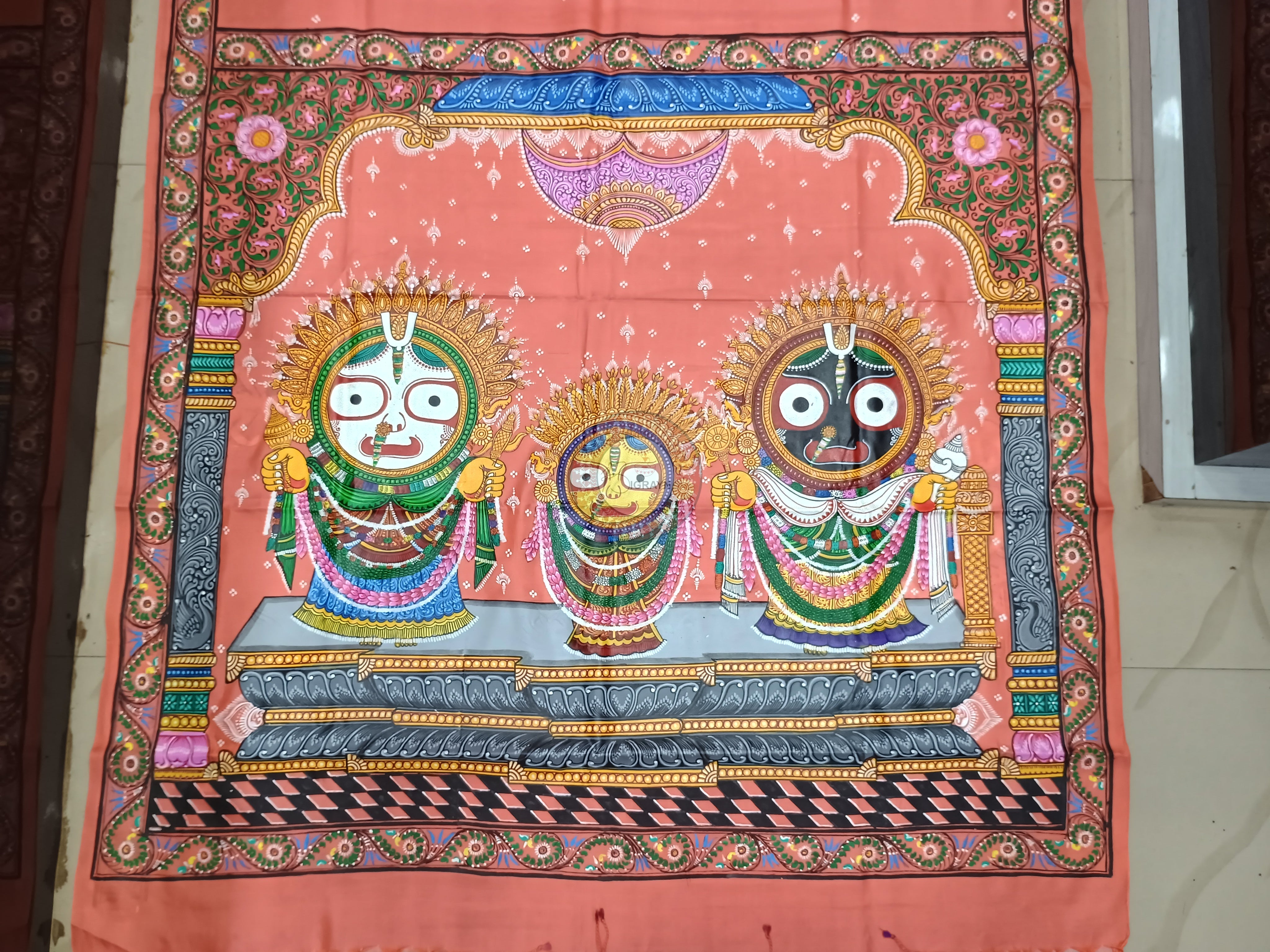 Peach Jagannatha Balabhadra Subhadra Theme Pattachitra Kanjivaram Silk Saree