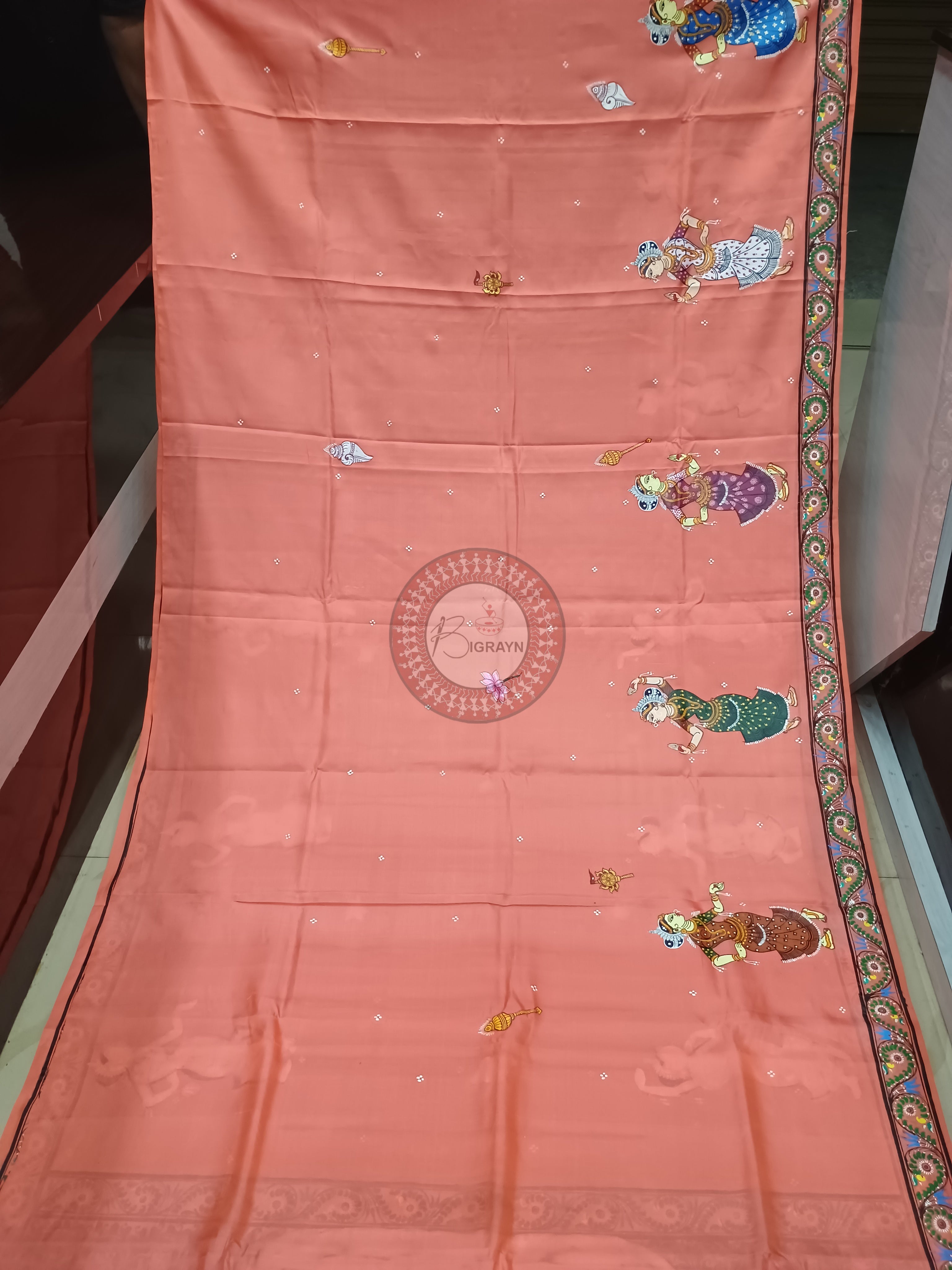Peach Jagannatha Balabhadra Subhadra Theme Pattachitra Kanjivaram Silk Saree