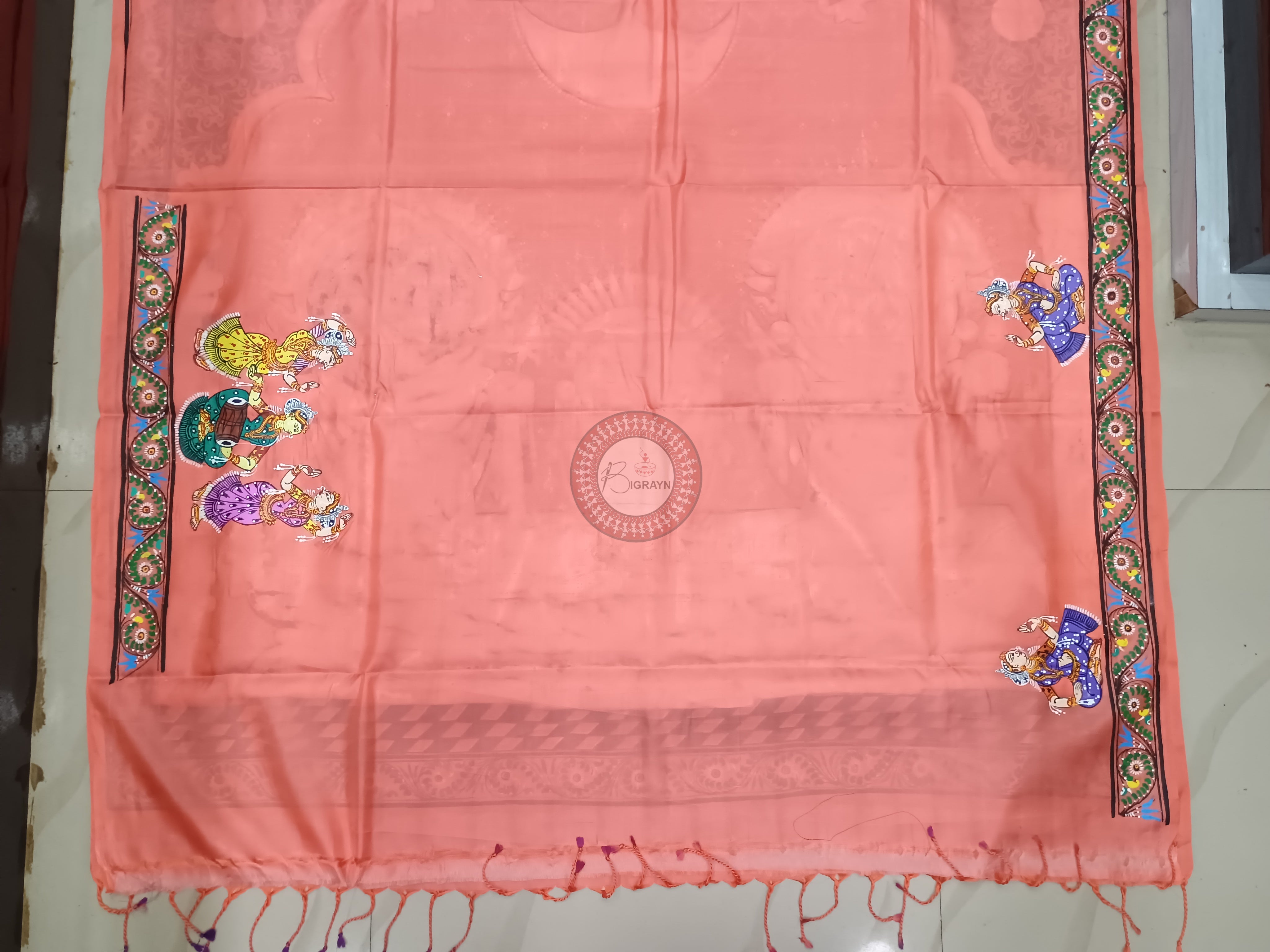 Peach Jagannatha Balabhadra Subhadra Theme Pattachitra Kanjivaram Silk Saree