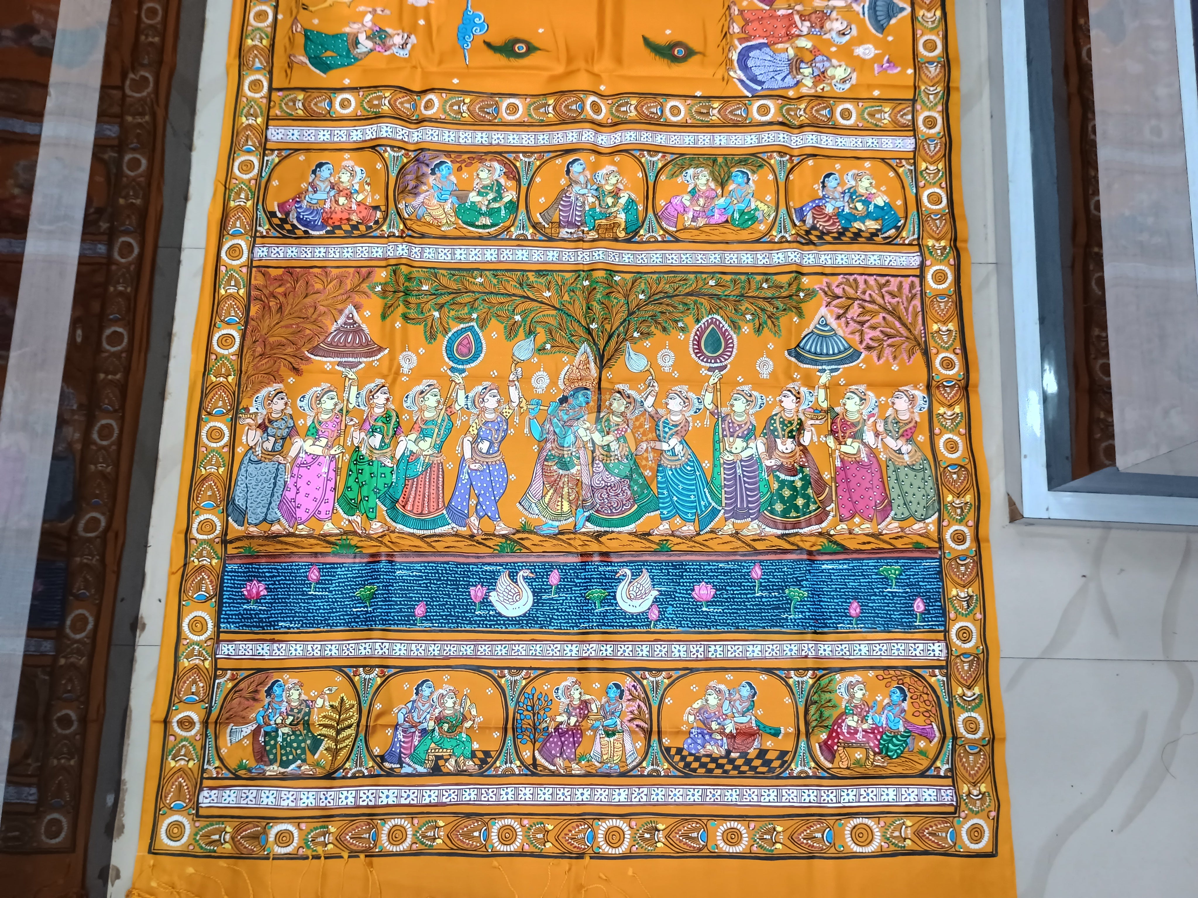 Yellow Radha Krishna Rasa Theme Pattachitra Kanjivaram Silk Saree