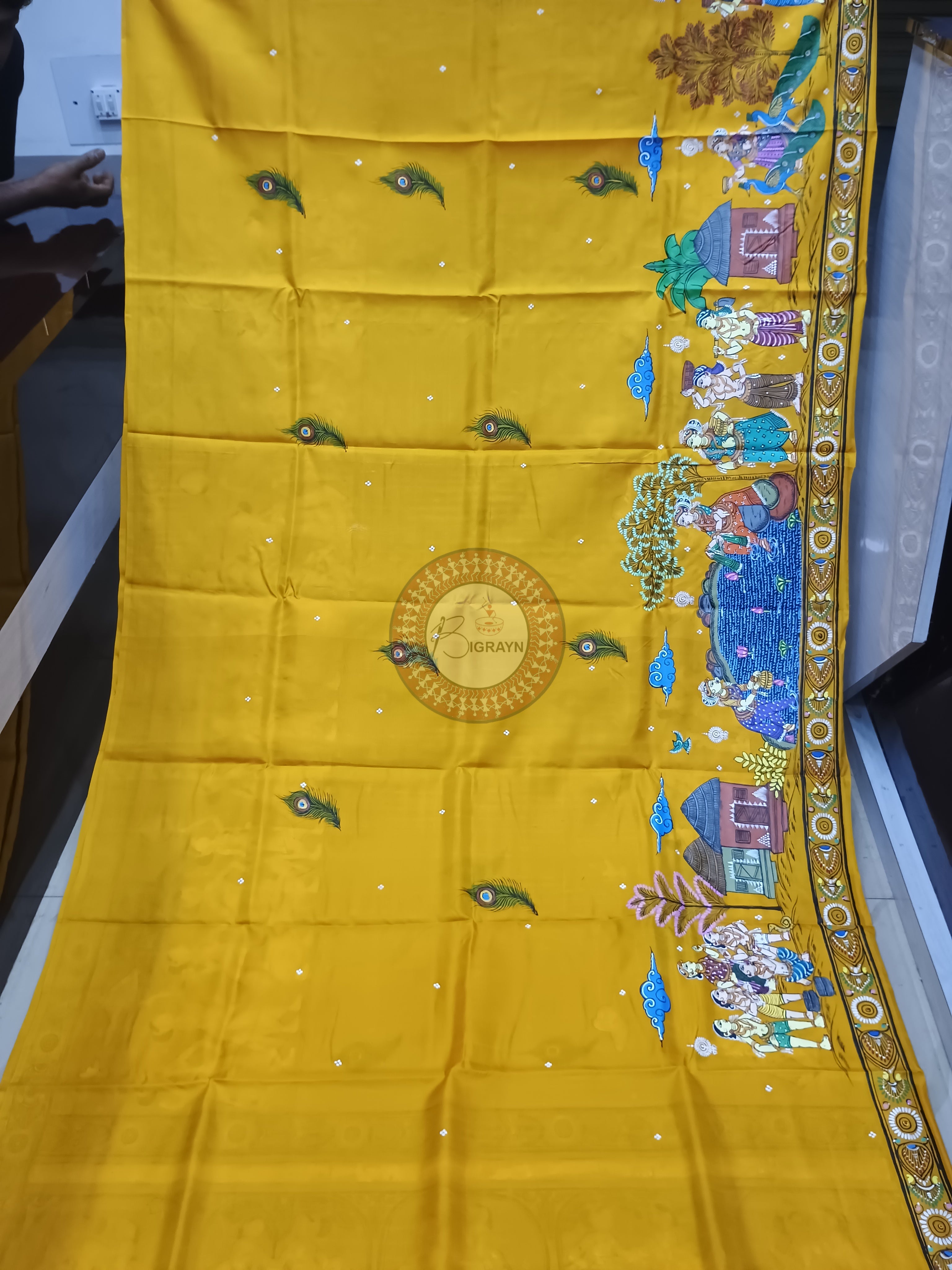 Yellow Radha Krishna Rasa Theme Pattachitra Kanjivaram Silk Saree