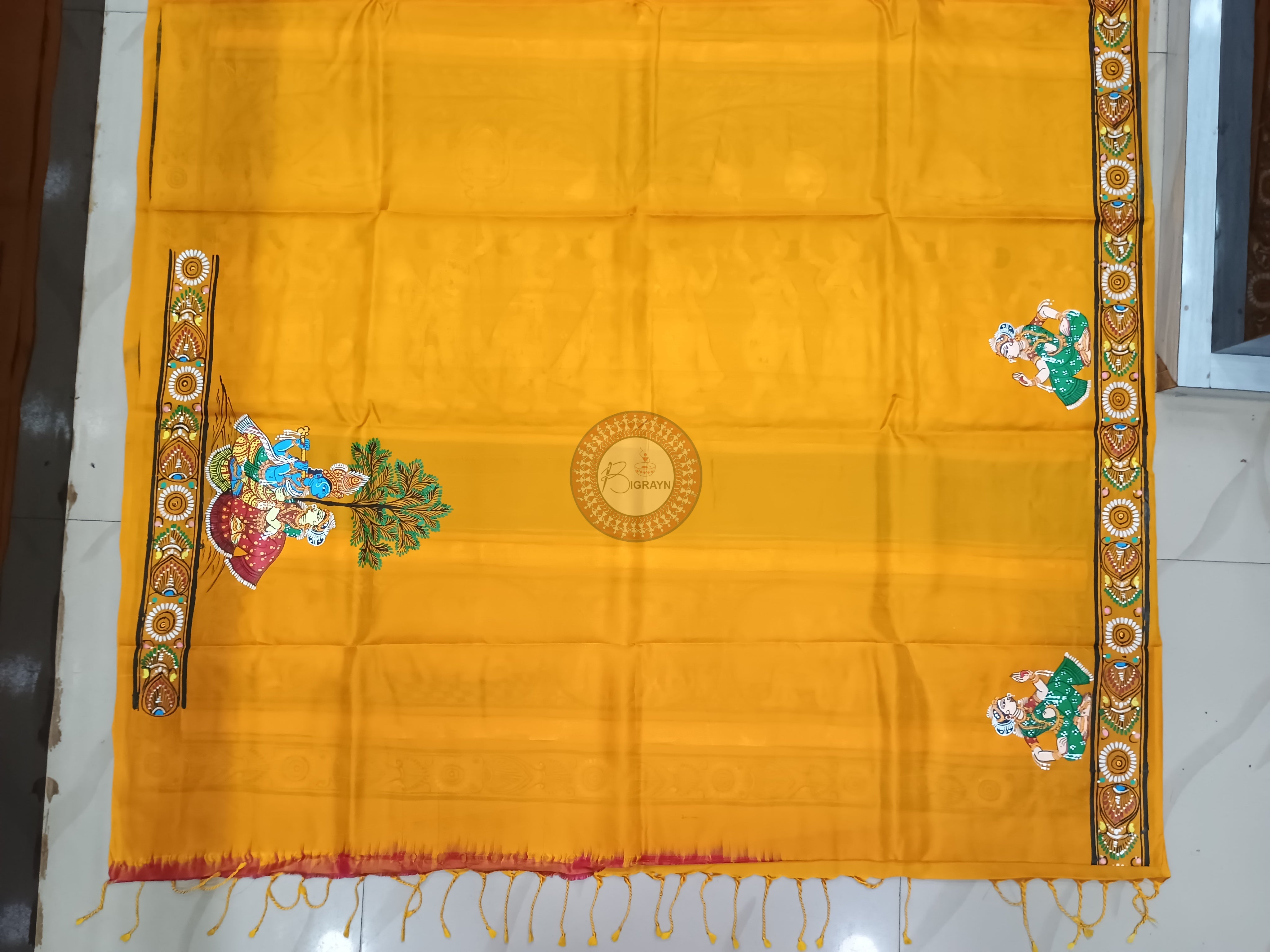 Yellow Radha Krishna Rasa Theme Pattachitra Kanjivaram Silk Saree