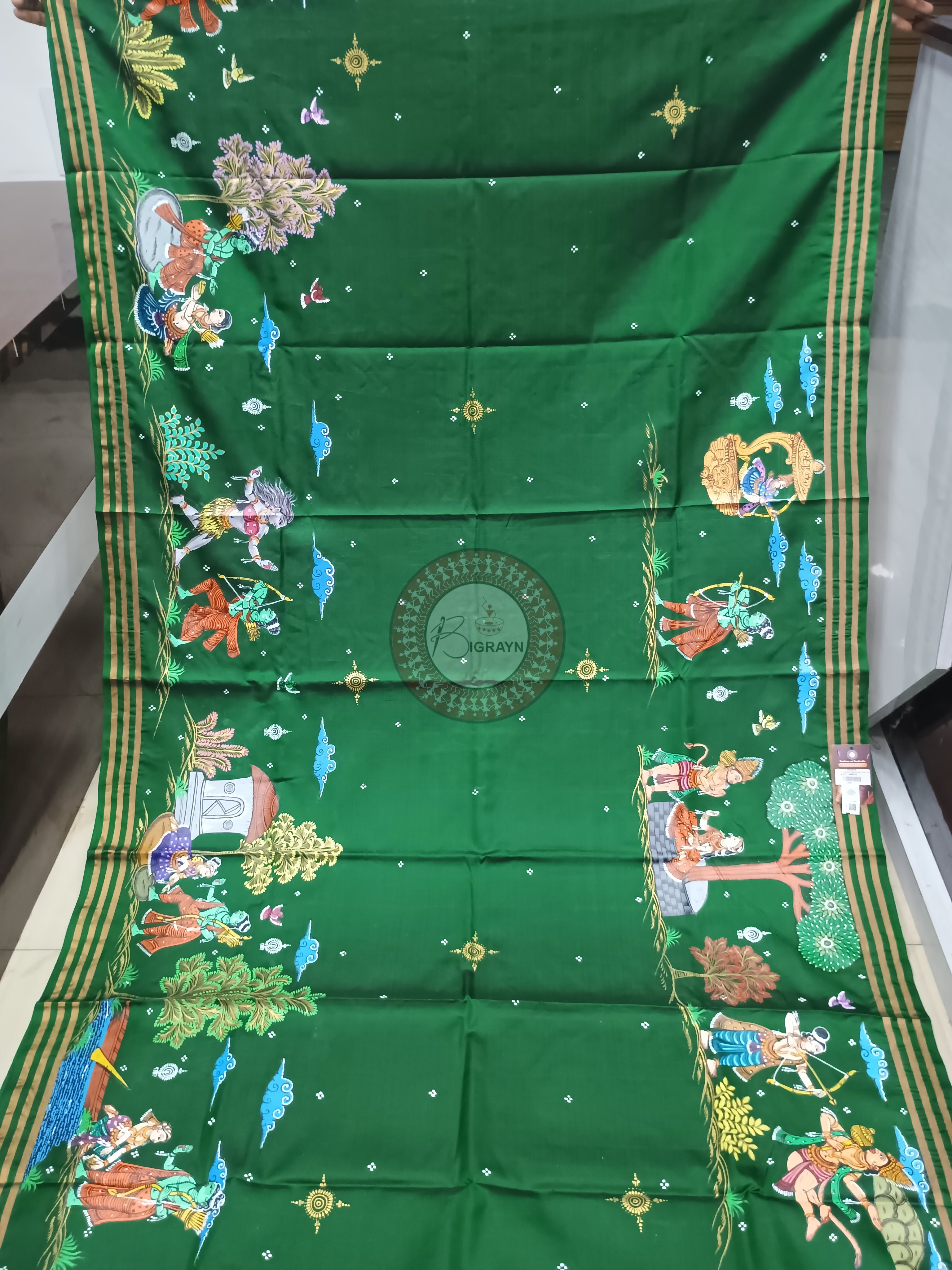 Green Ramayana Story Theme Pattachitra Kanjivaram Silk Saree