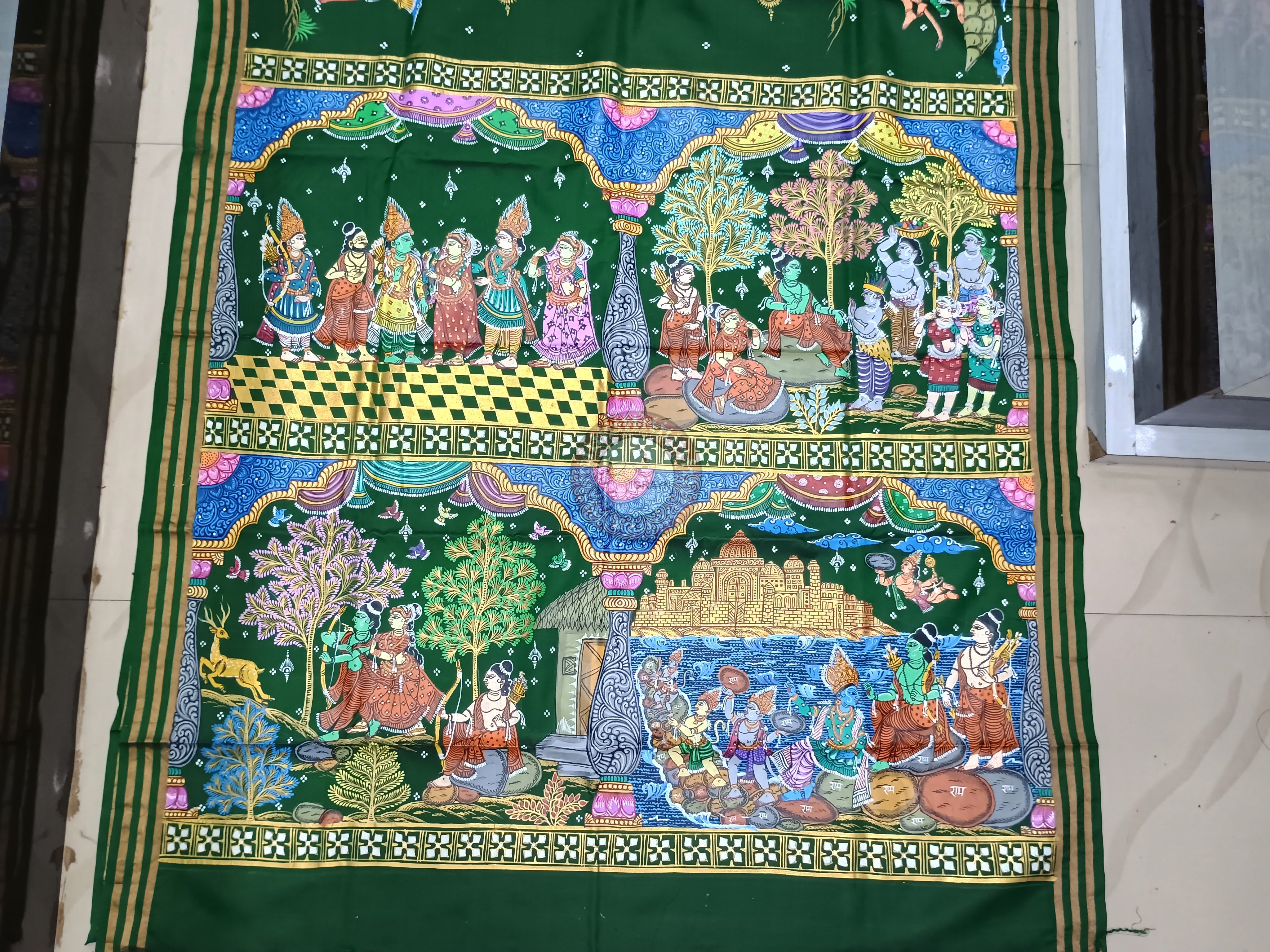 Green Ramayana Story Theme Pattachitra Kanjivaram Silk Saree