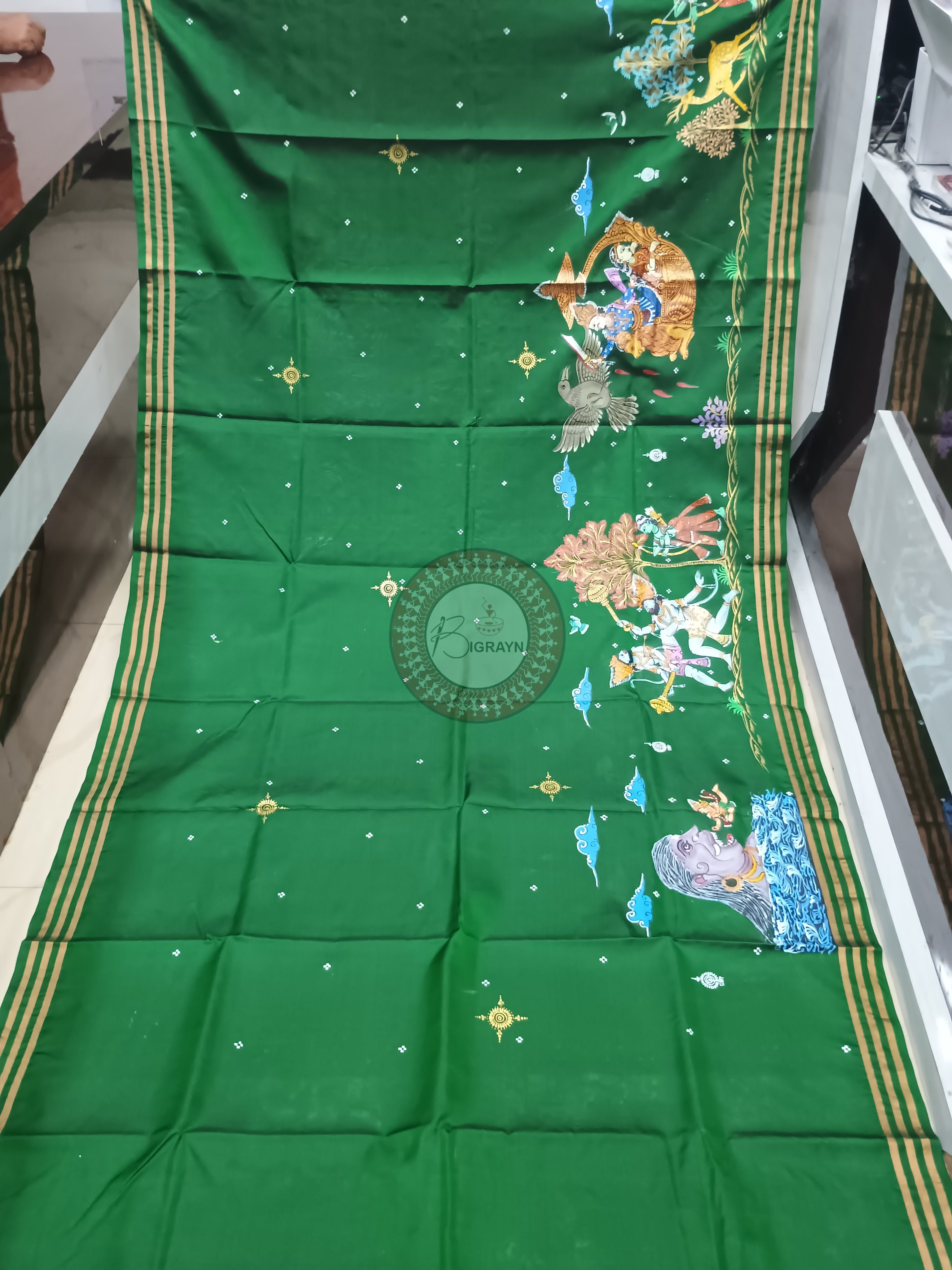 Green Ramayana Story Theme Pattachitra Kanjivaram Silk Saree