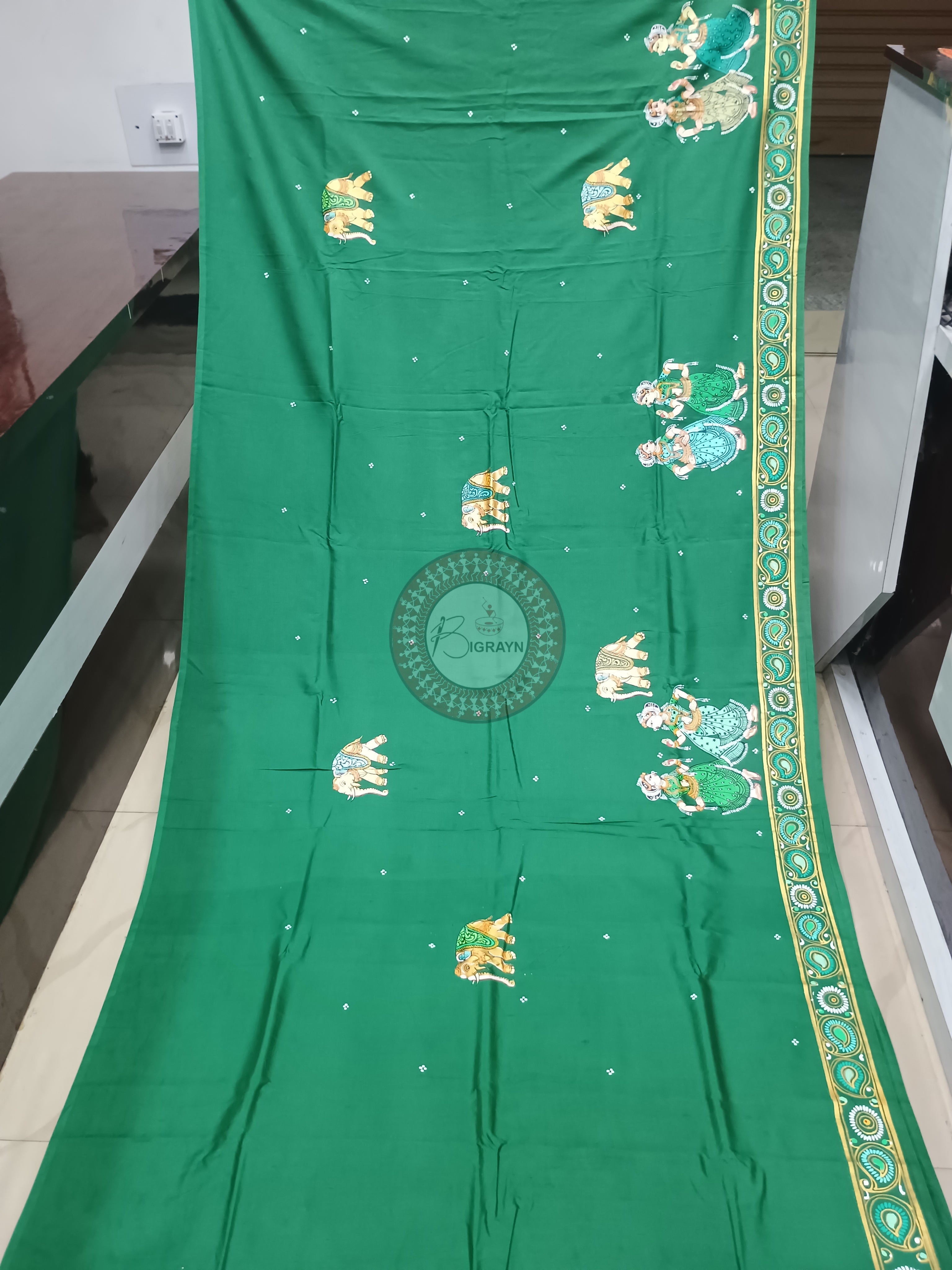 Green Kandarp Hasti Theme Pattachitra Khadi Silk Saree