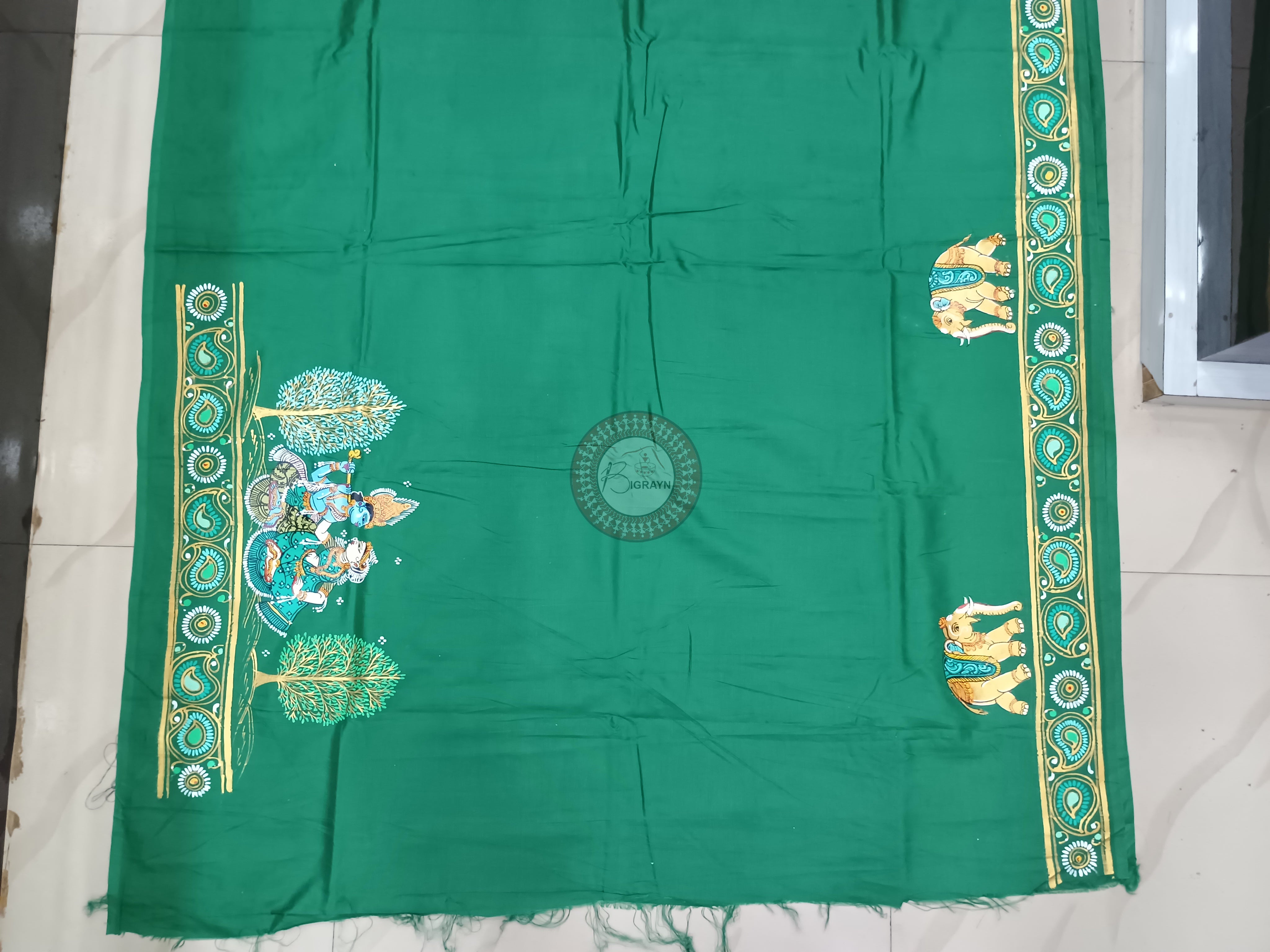 Green Kandarp Hasti Theme Pattachitra Khadi Silk Saree