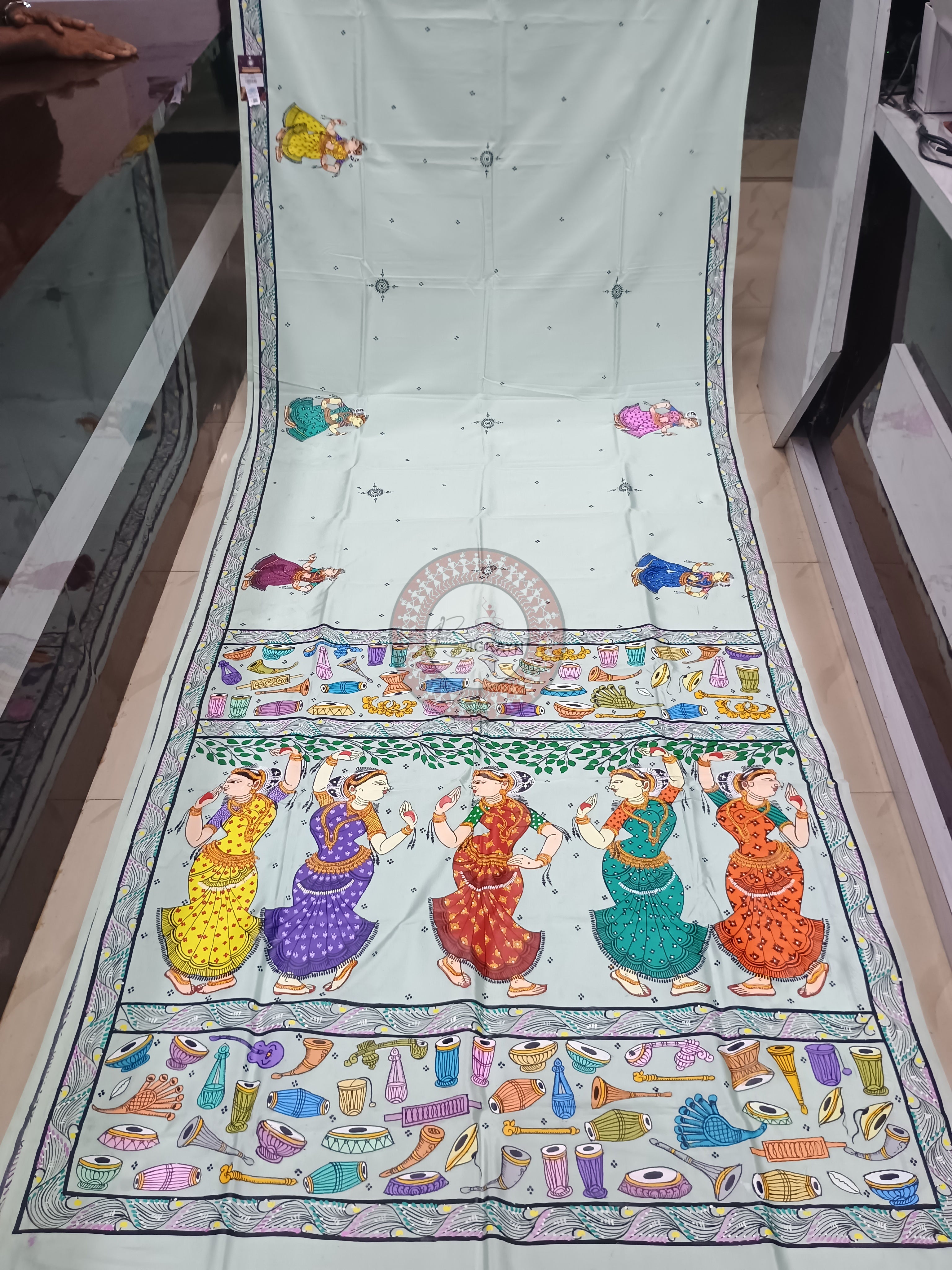 Aqua Dancer And Musical Instruments Theme Pattachitra Khadi Silk Saree